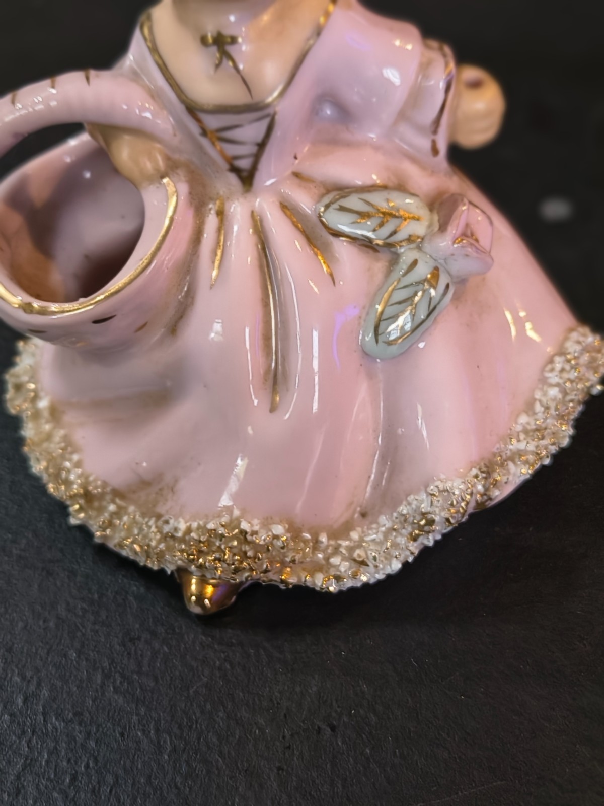 VTG Ucagco Pink Girl Figure w Ponytail Basket Figurine Spaghetti Gold Trim Dress