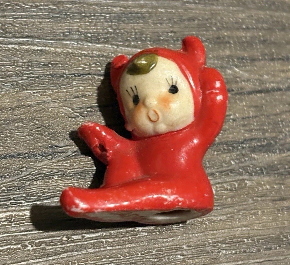 Vintage Miniature Red Devil Pixie Tiny Imp Shelf Elf Ceramic Figure Japan RARE!
