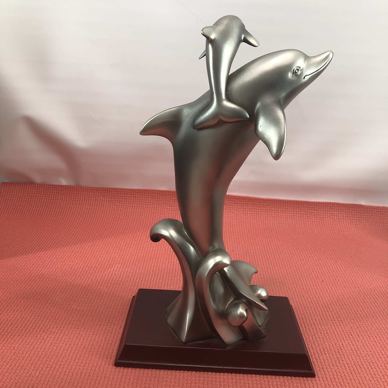 Momma Dolphin with Baby Silver tone Figurine waves wood base