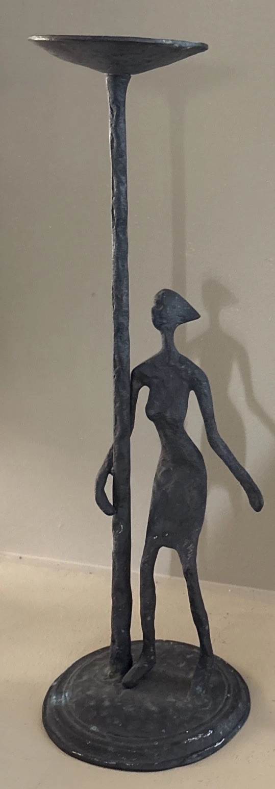 MCM BRONZE IRON BRUTALIST FEMALE FIGURINE SCULPTURE CANDLE HOLDER 14” PETINA 50s