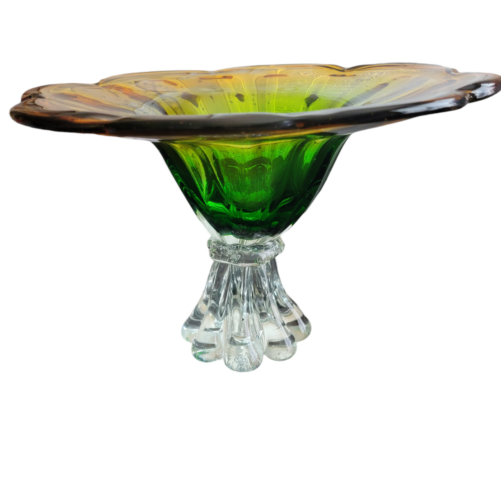 Vintage Art Glass Murano? Hand Blown Brown Green White Flower Pedestal Unique