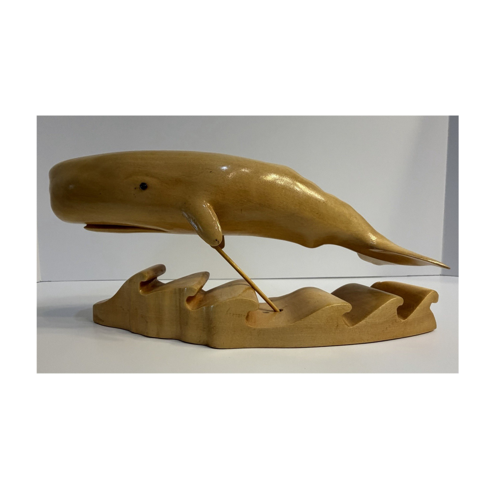 Hand Carved Wood Sperm Whale Figurine Sculpture, Natural Finish on Wave Base