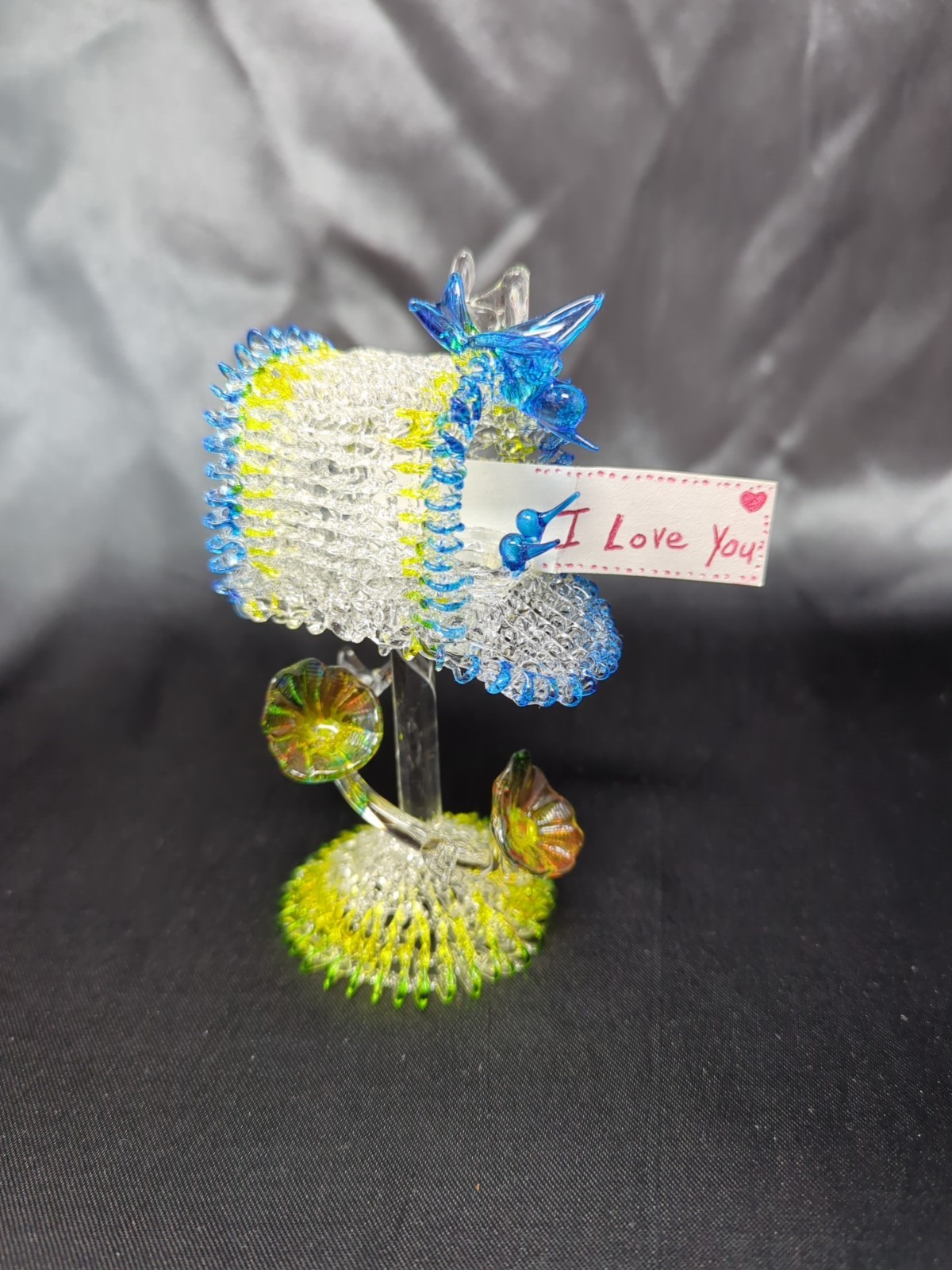 Clear Glass Mailbox Figurine 3 Blue Birds Flowers Mail Box Letter Figure New