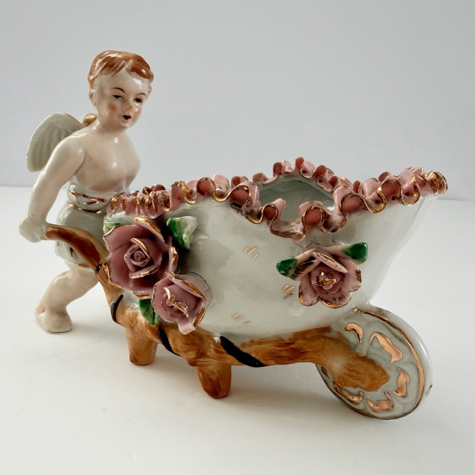 Vintage Porcelain Cherub Putti Pushing Wheelbarrow Bone China Lace Japan 6”