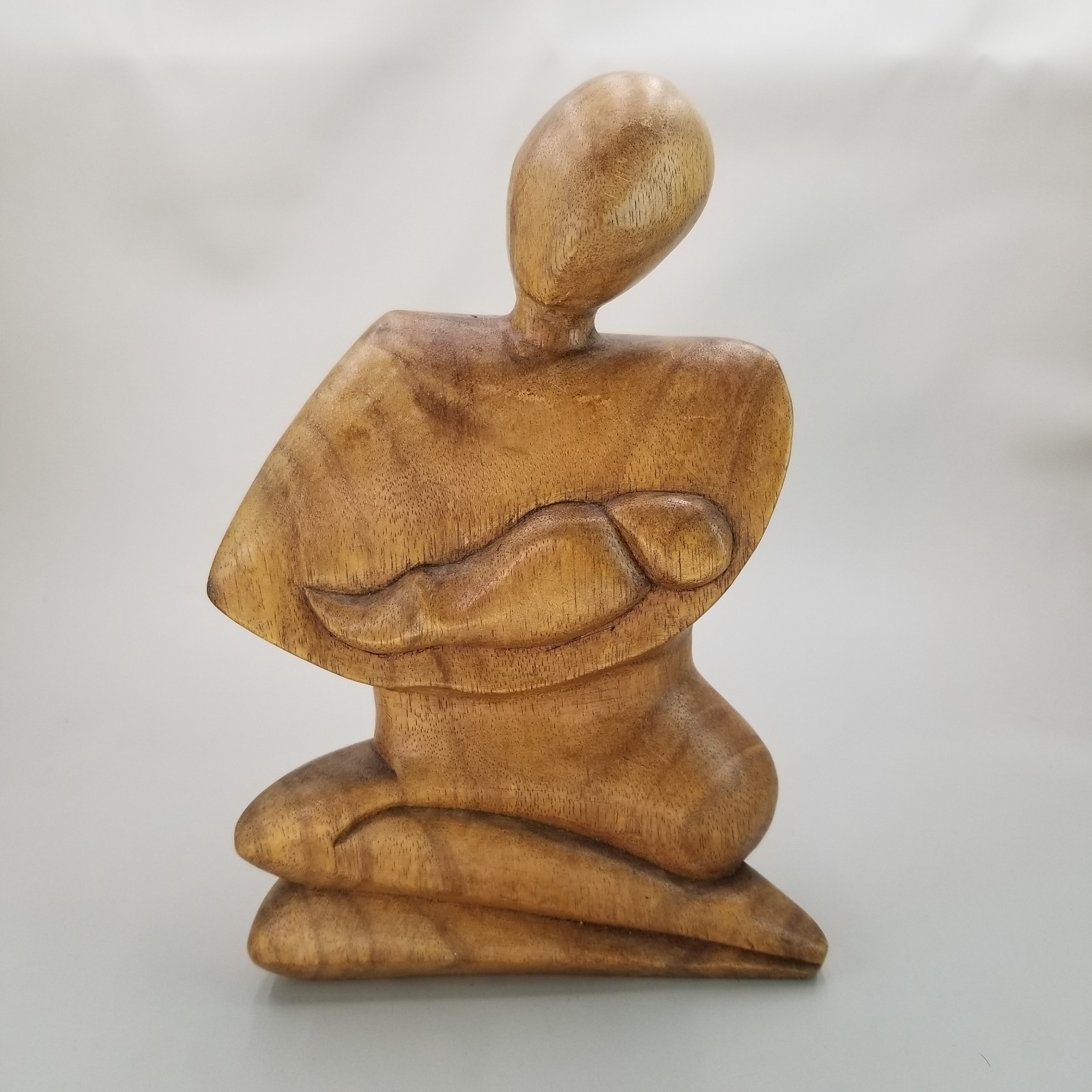 Vintage Hand Carved Wood Mother Holding Baby Figurine Statue Minimalist 10″ Tall