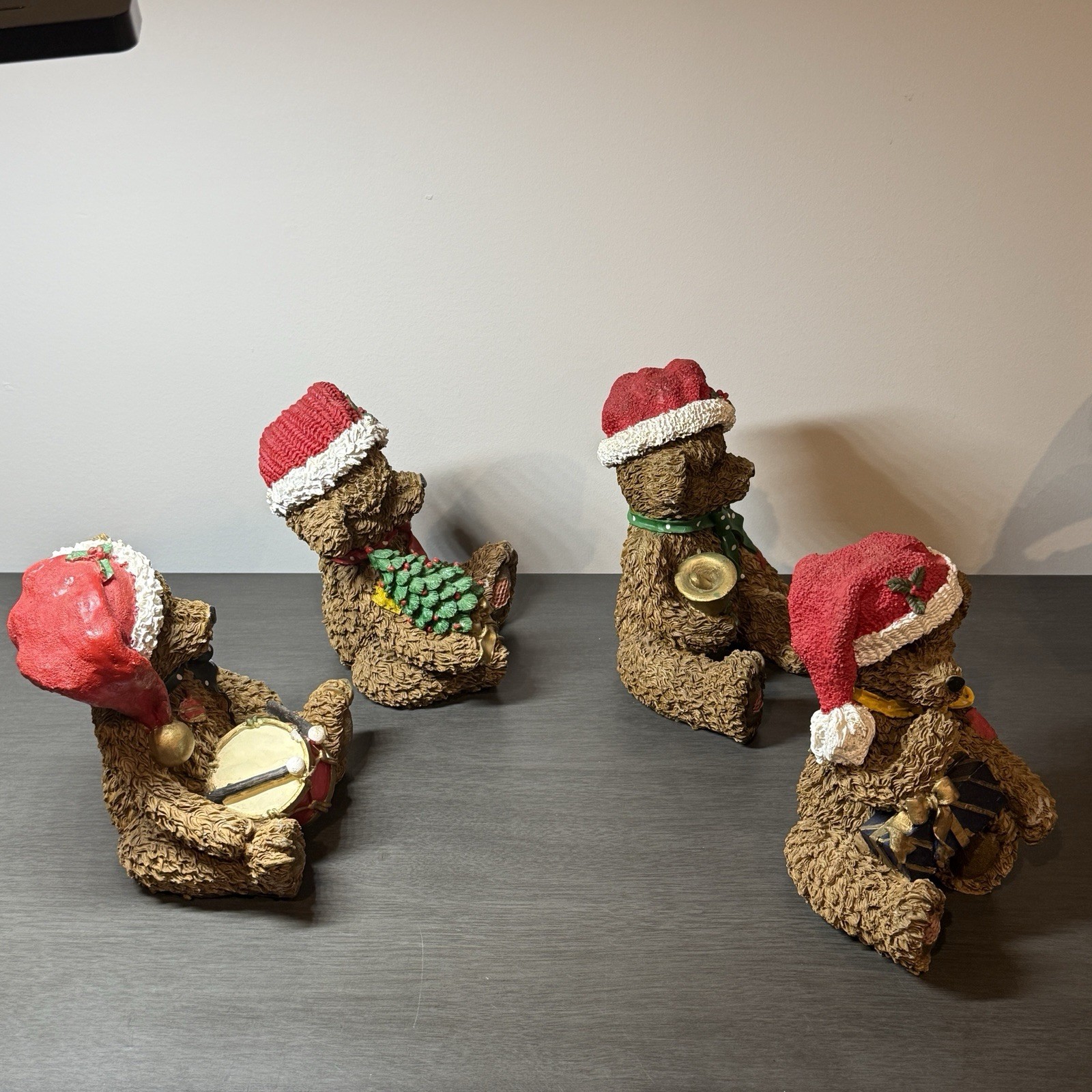 Set of 4 Resin Christmas Teddy Bears Santa Hats Figurine Gift Bell Tree Drum 6”