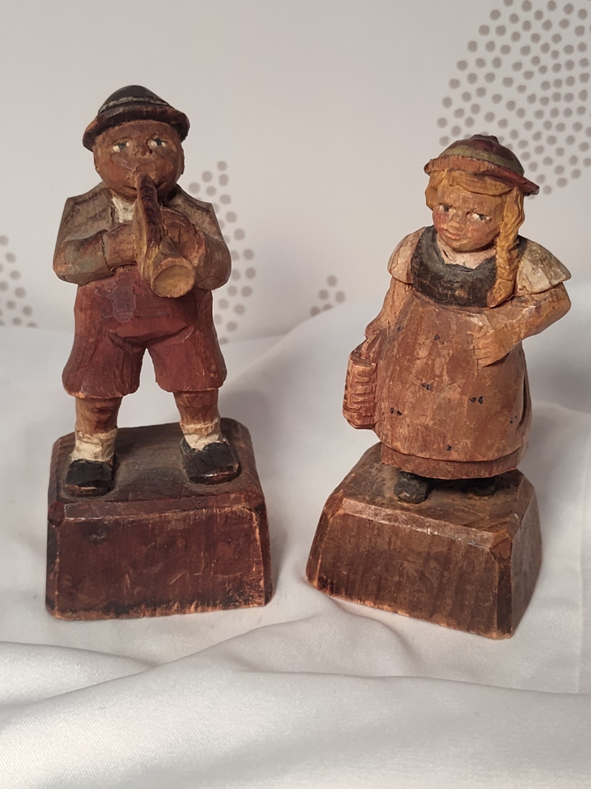 Lot 2 Vintage Folk Art Miniature Carvings Hand-painted Woman Man See Photos
