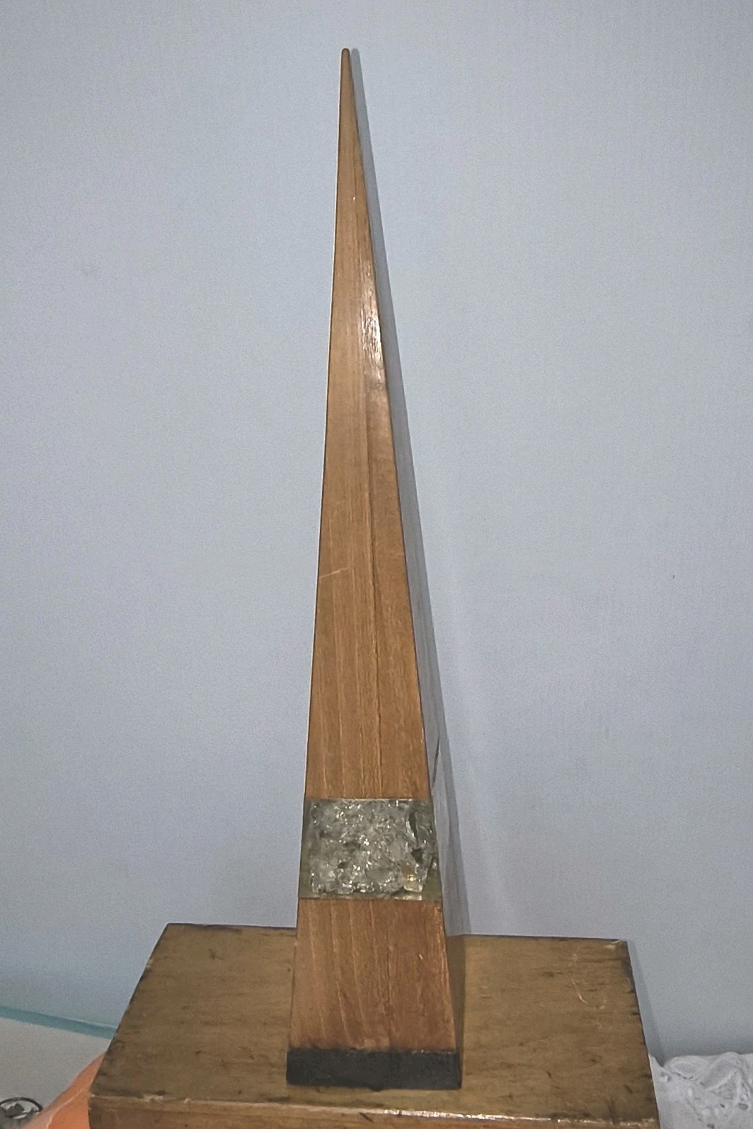 MCM Wood & Lucite With Glass Obelisk Mid Century Modern 18″