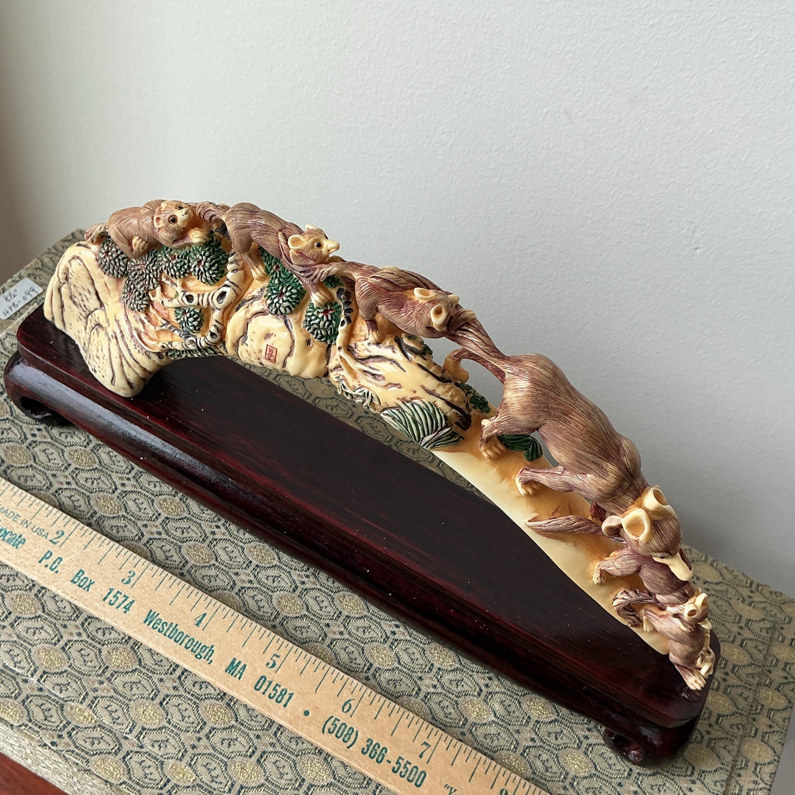 Ivory color Group animal Arch Sculpture on Dark Wood Base Brown Beige Green
