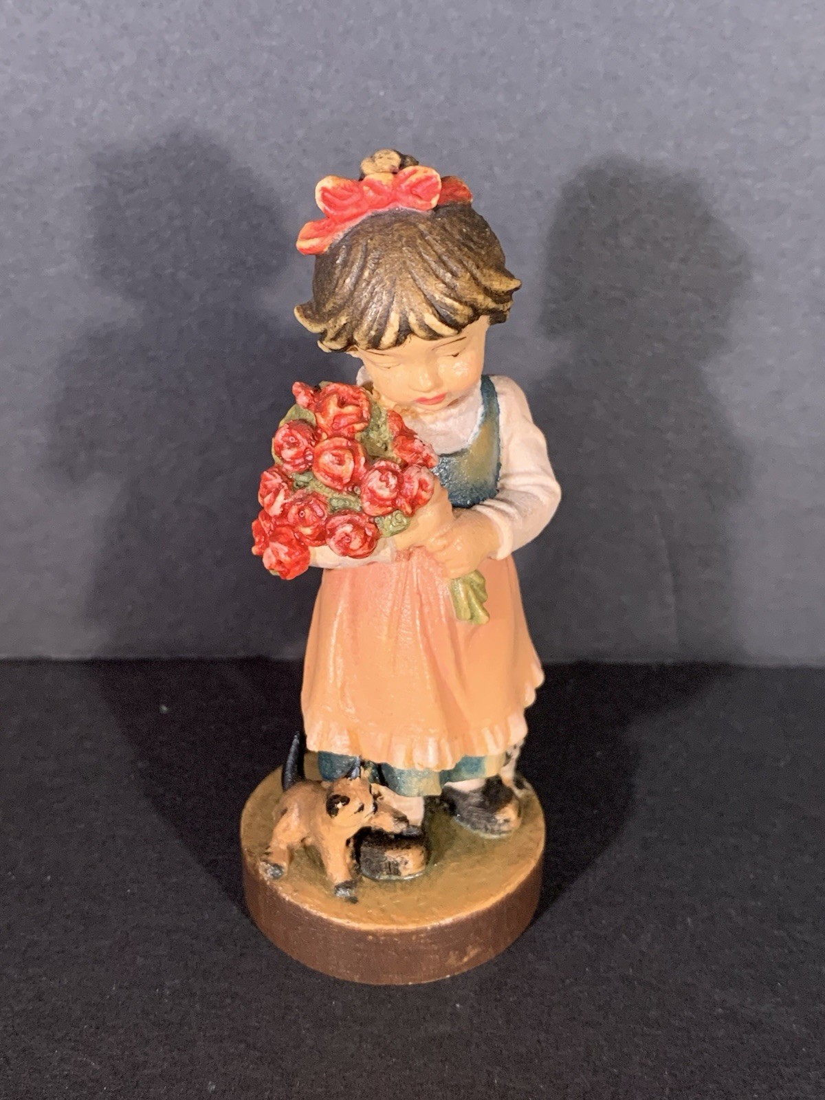 Dolfi Wood Carving Italy Girl With Flowers Cat And Mouse 4”
