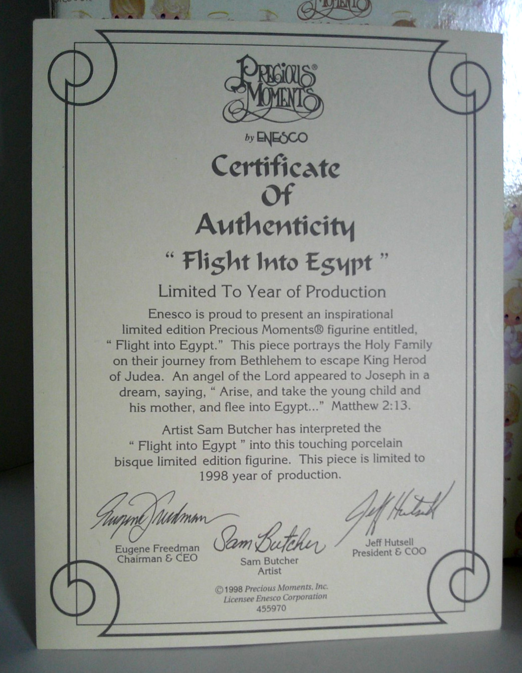 PRECIOUS MOMENTS “Flight Into Egypt” #455970 – 1998 – Cert. of A. – BRAND NEW