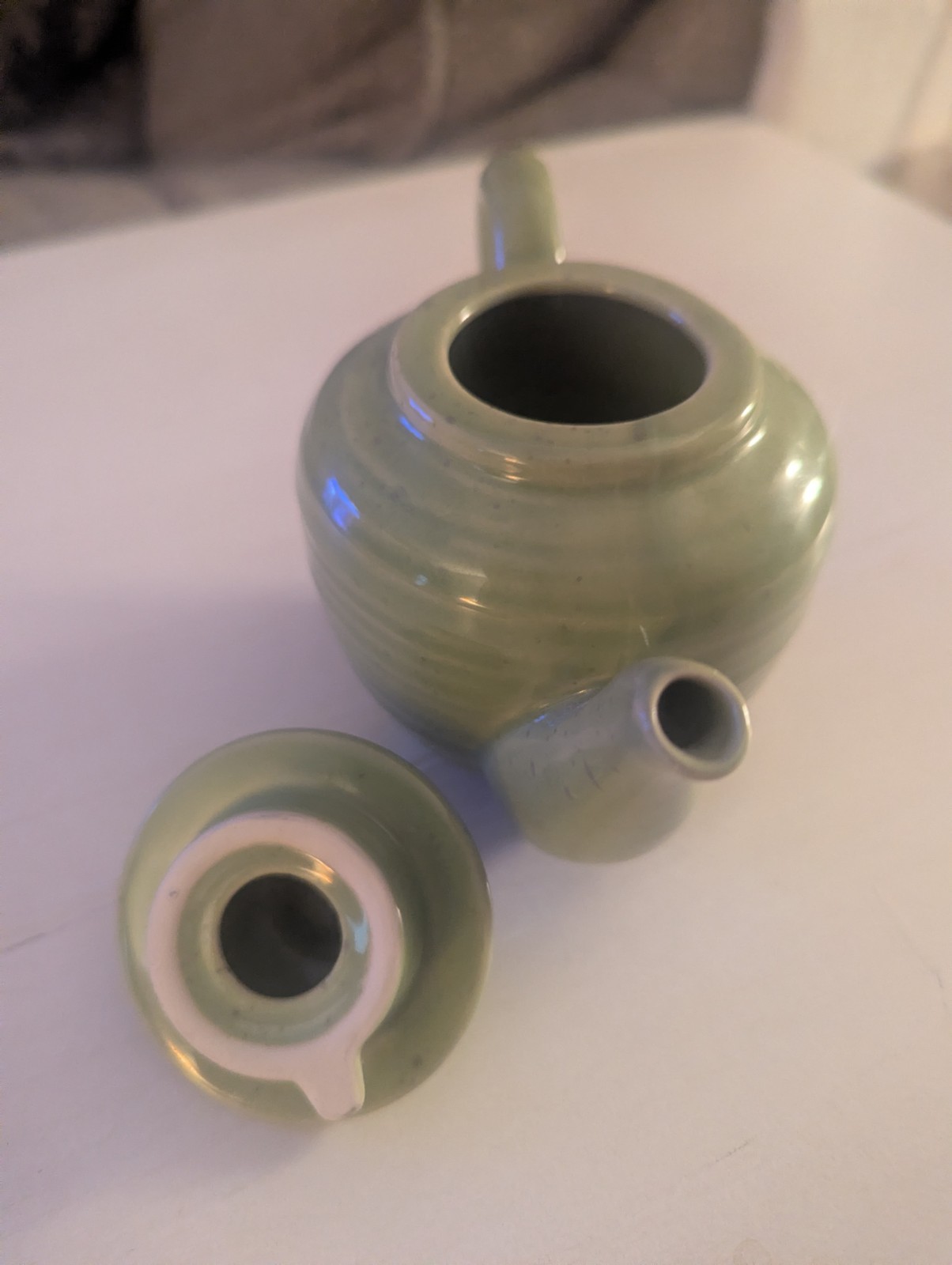 Small Tea Pot Country Living Dry Goods Green Speckled Collectible 3″ Tall