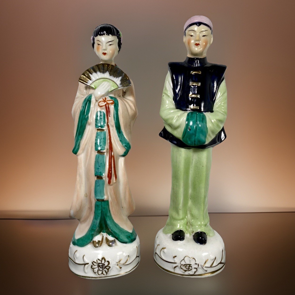 Vintage Asian MCM Polychrome Porcelain Hand Painted Japan Man & Women Figurine’s