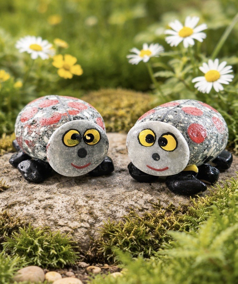 Hand Painted Stone Ladybug Figurines Set of 2 Folk Art Garden Decor 2”