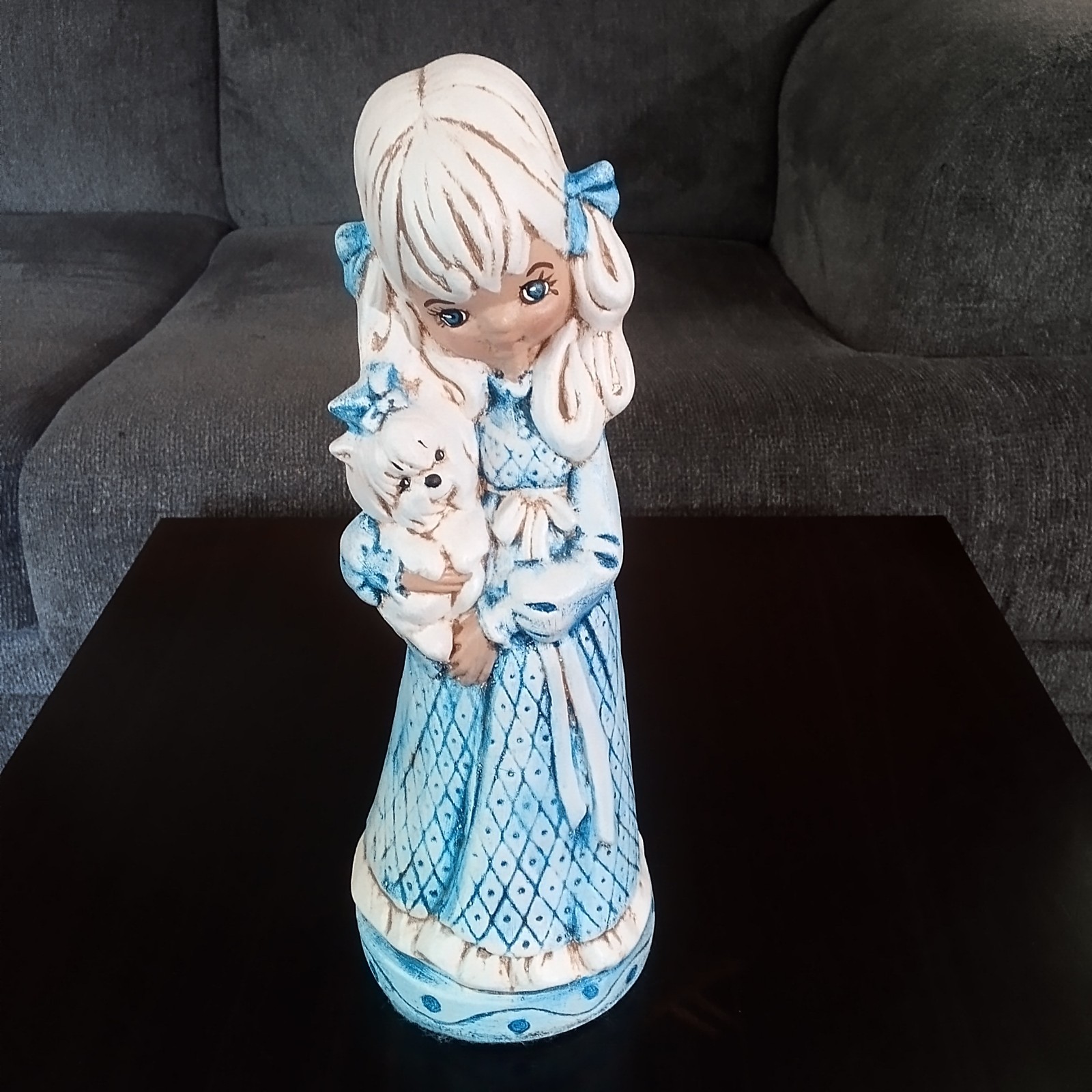Vintage ’70s Ceramic Hand-painted Girl And Dog Blue Dress 11 Inches Tall