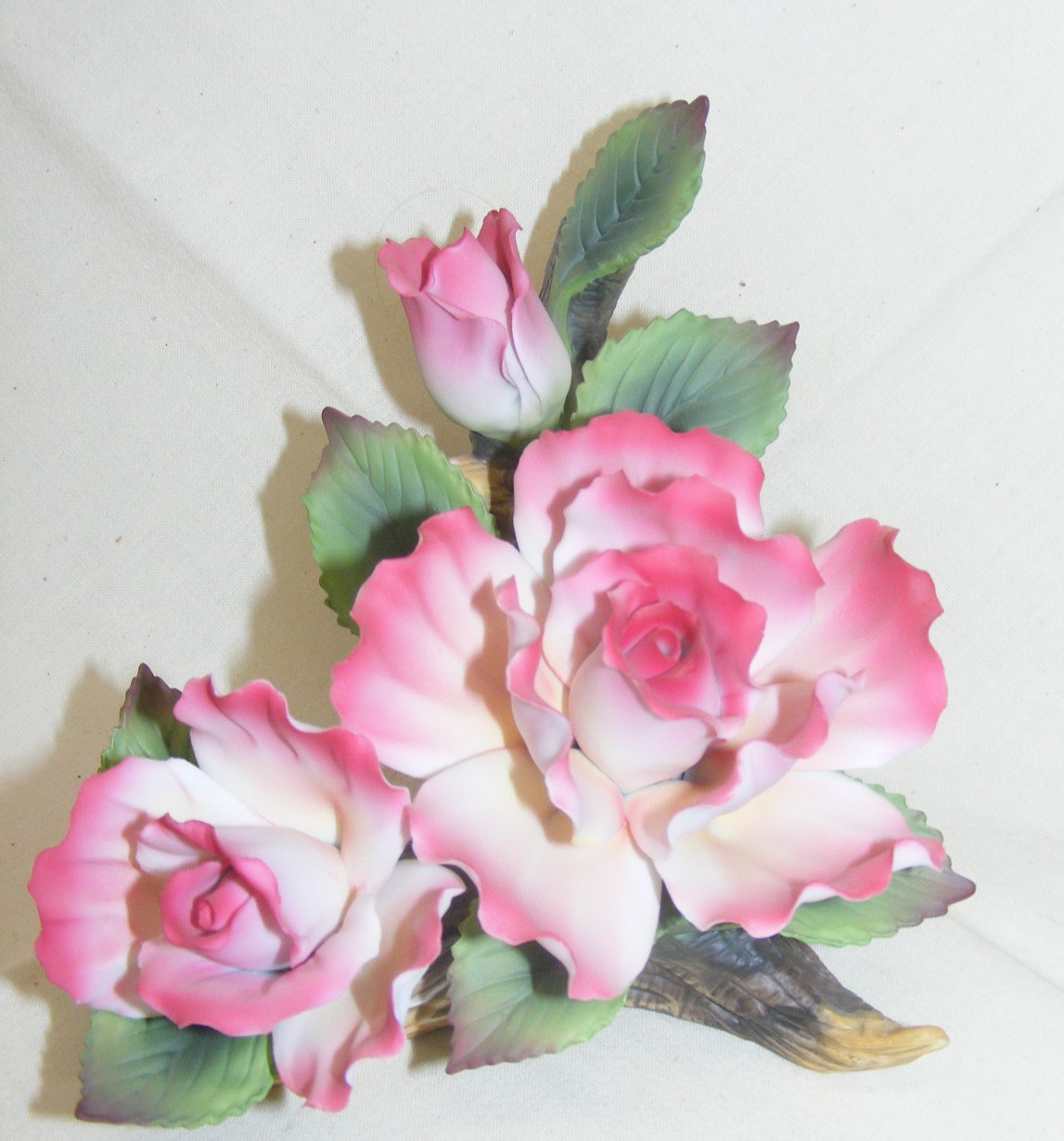 Andrea by Sadek Porcelain Figurine Pink Roses on Tree Stump