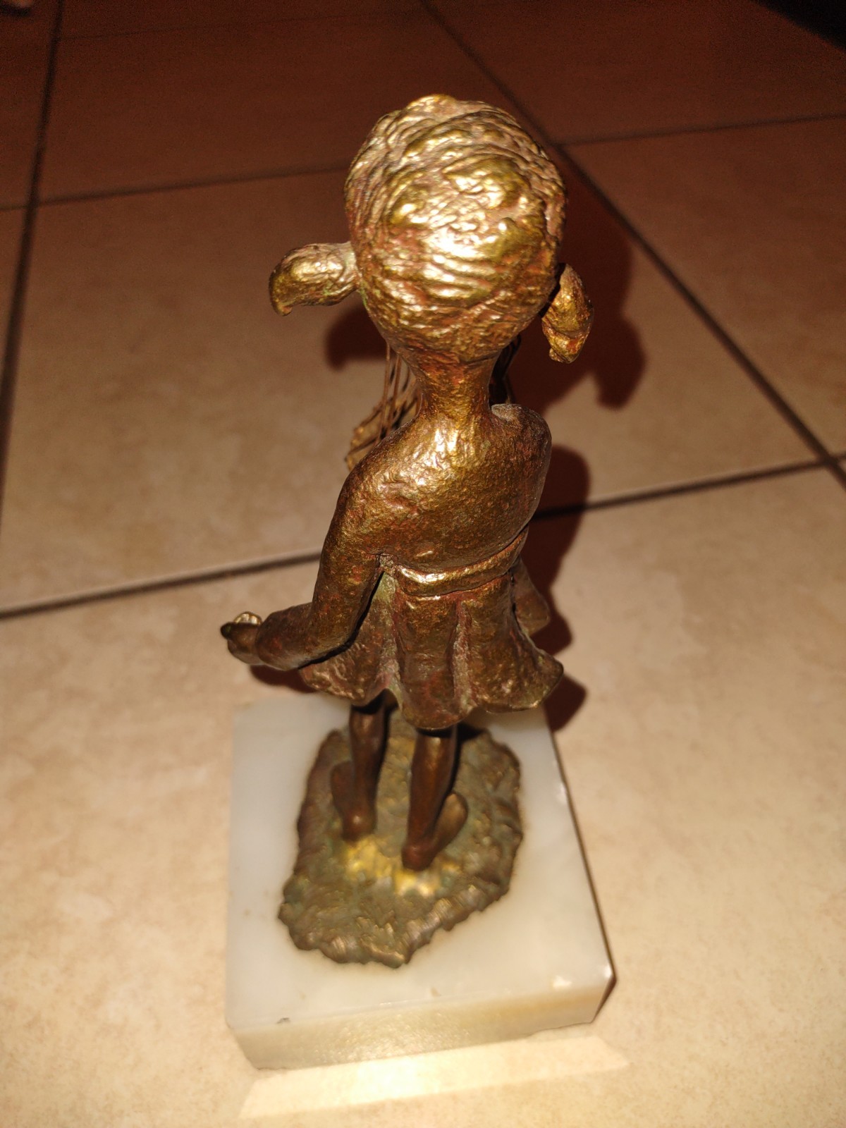 Early 1900’s Bronze Statue of Girl Holding a Basket, Marble Base