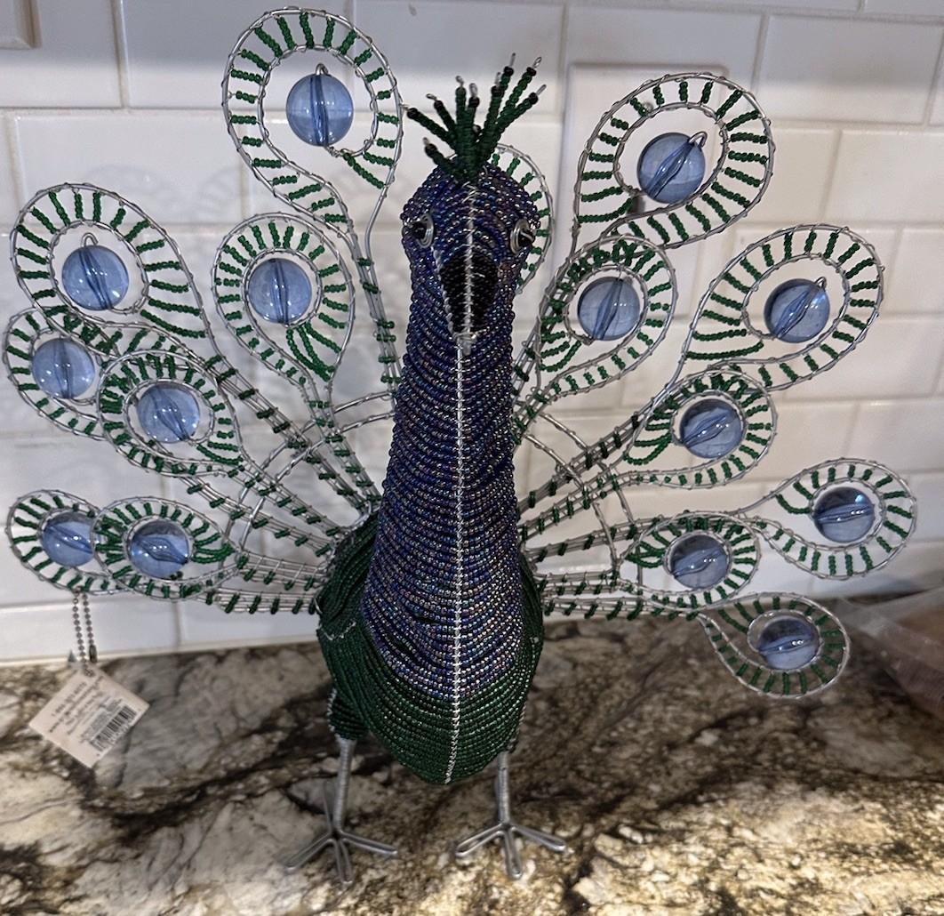 Beadworx Beaded Peacock Figurine Wire Glass Beads Art Freestanding Bird 16×13