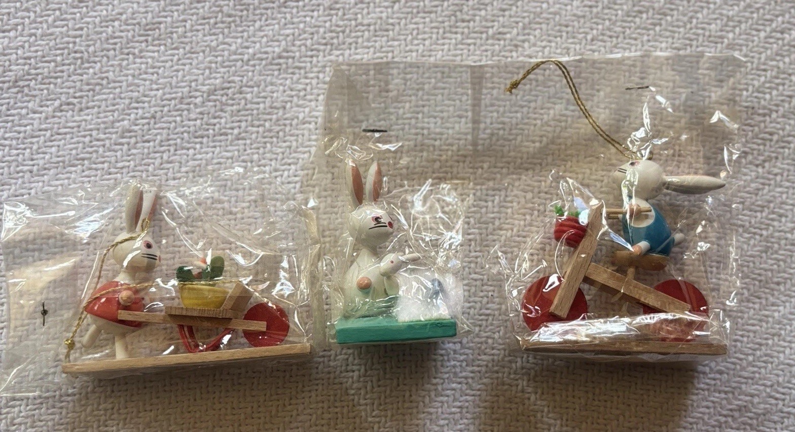 VTG Goula Spain Wooden bunny rabbit Figures With Wheelbarrow, Bicycle, w/pet