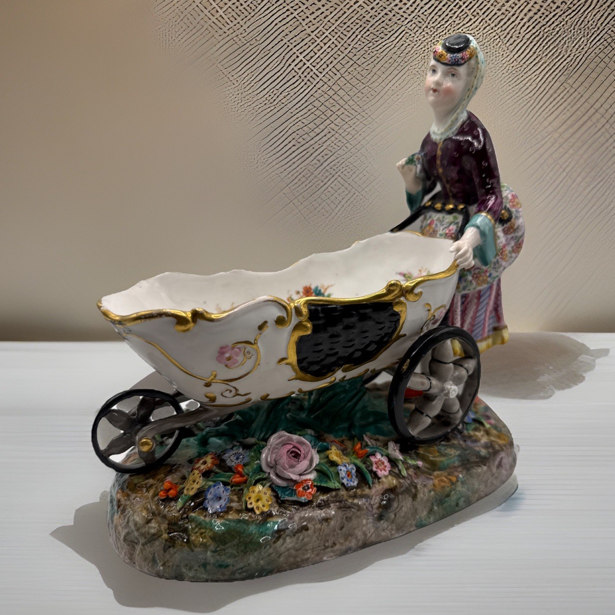 Antique 1880-90 Hand Painted Sitzendorf Porcelain Figure Flowers Wheel Barrow