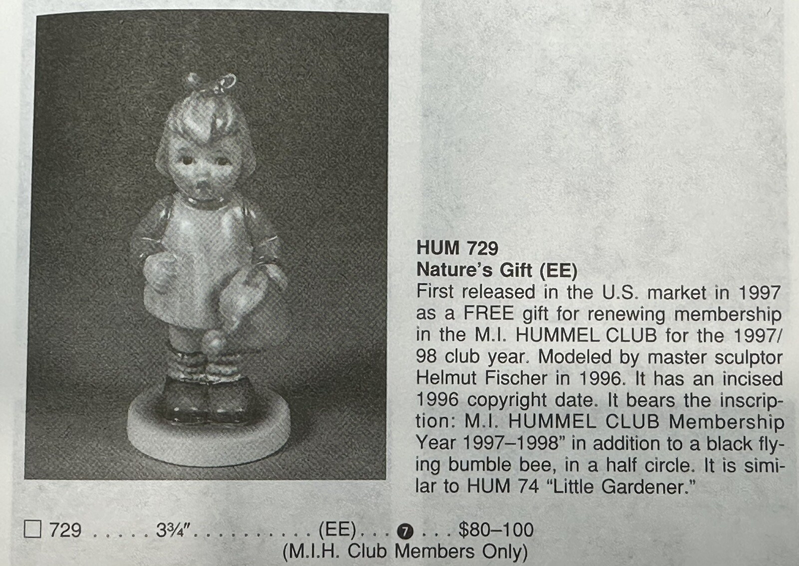 Vintage Goebel M.I. Hummel Club 1997-1998 Figurine “NATURE’S GIFT” Hum 729 TMK-7