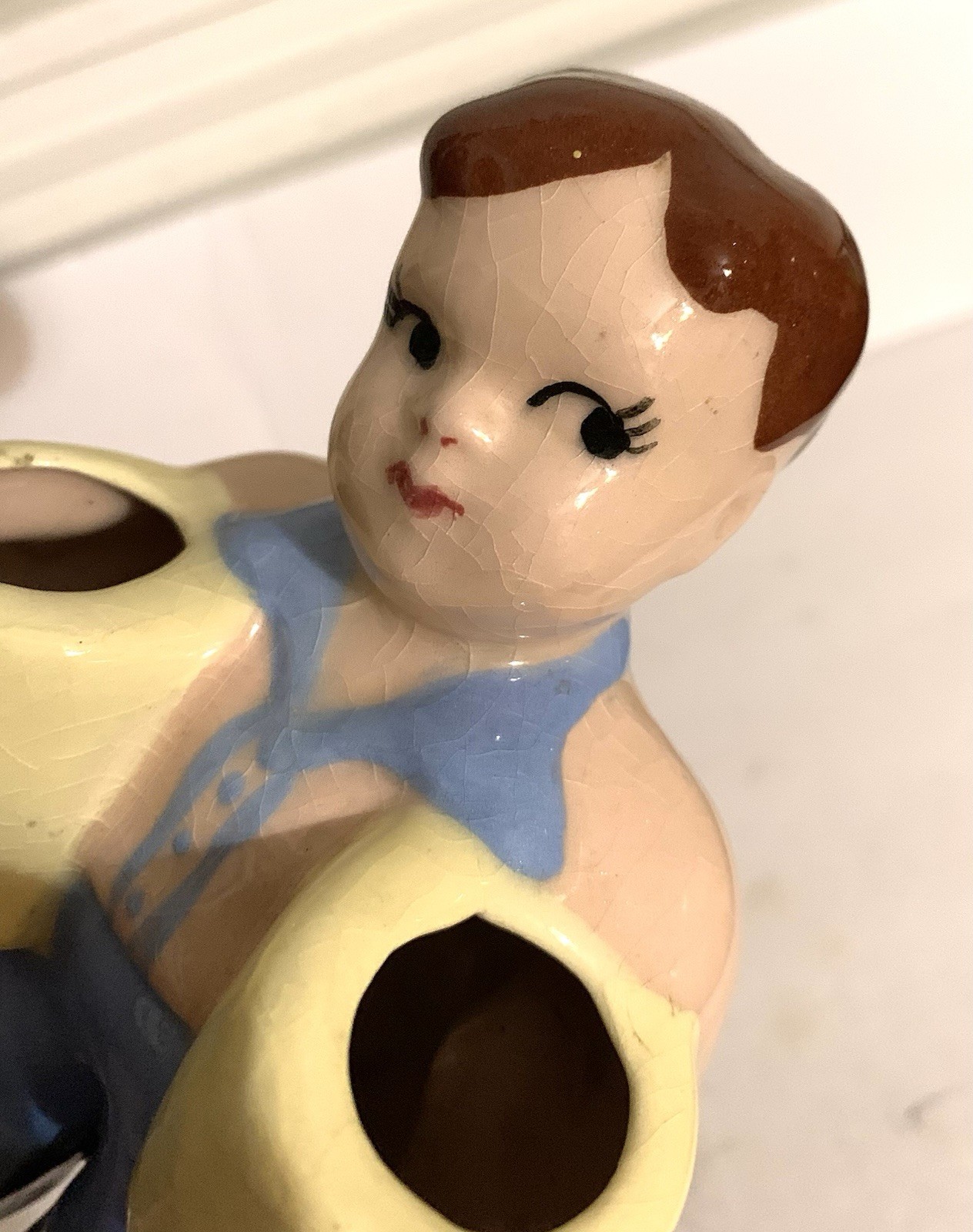 Vintage ceramic Young Boy Holding Bongo Drums Toothbrush Holder