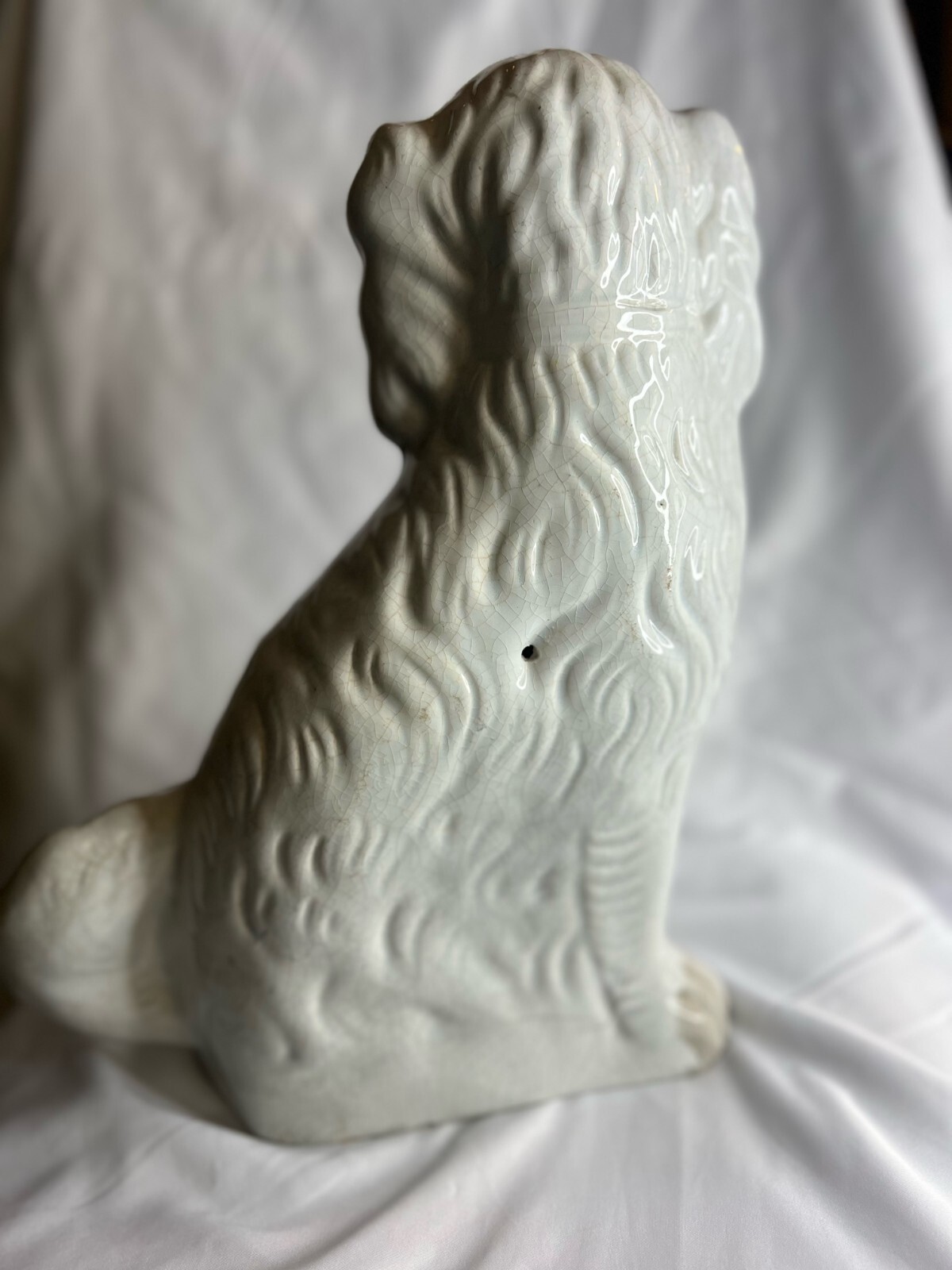 Set of 2 Vtg Staffordshire Ware Kent England 12” White Gold Mantle Dogs Spaniels