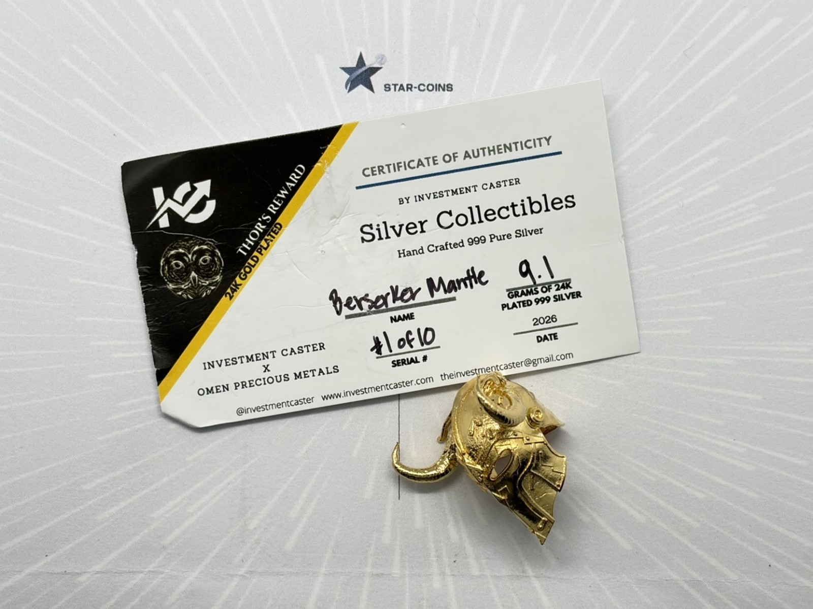 #1 of 10 2026 Investment Caster Berserker Mantle 24K Gold Plated .999 Silver