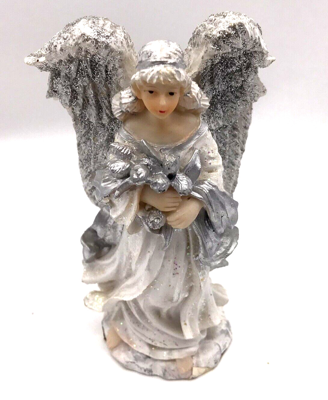 Angel Figurine Cornerstone Creations Silver And White Glitter Wings 4.50”