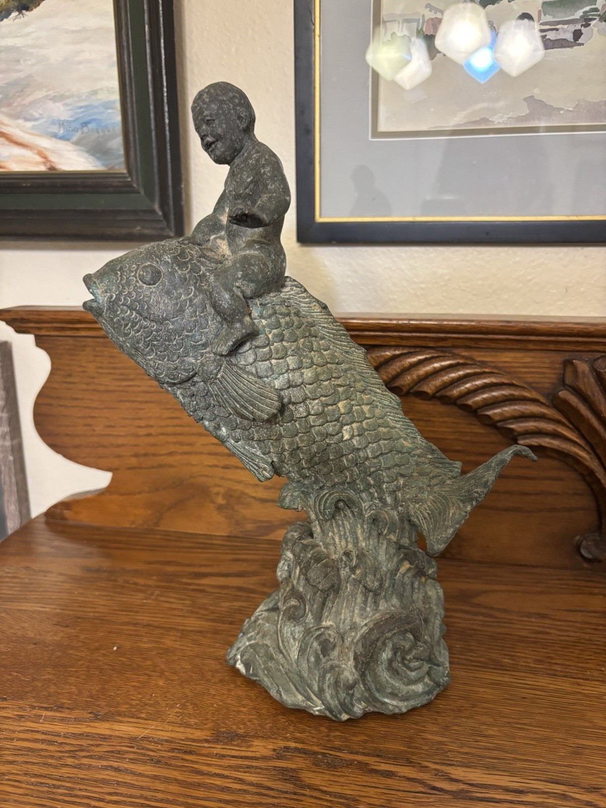 Verdigris Fountain Sculpture Cherub Riding A Fish On Ocean Wave 11-5/8” T
