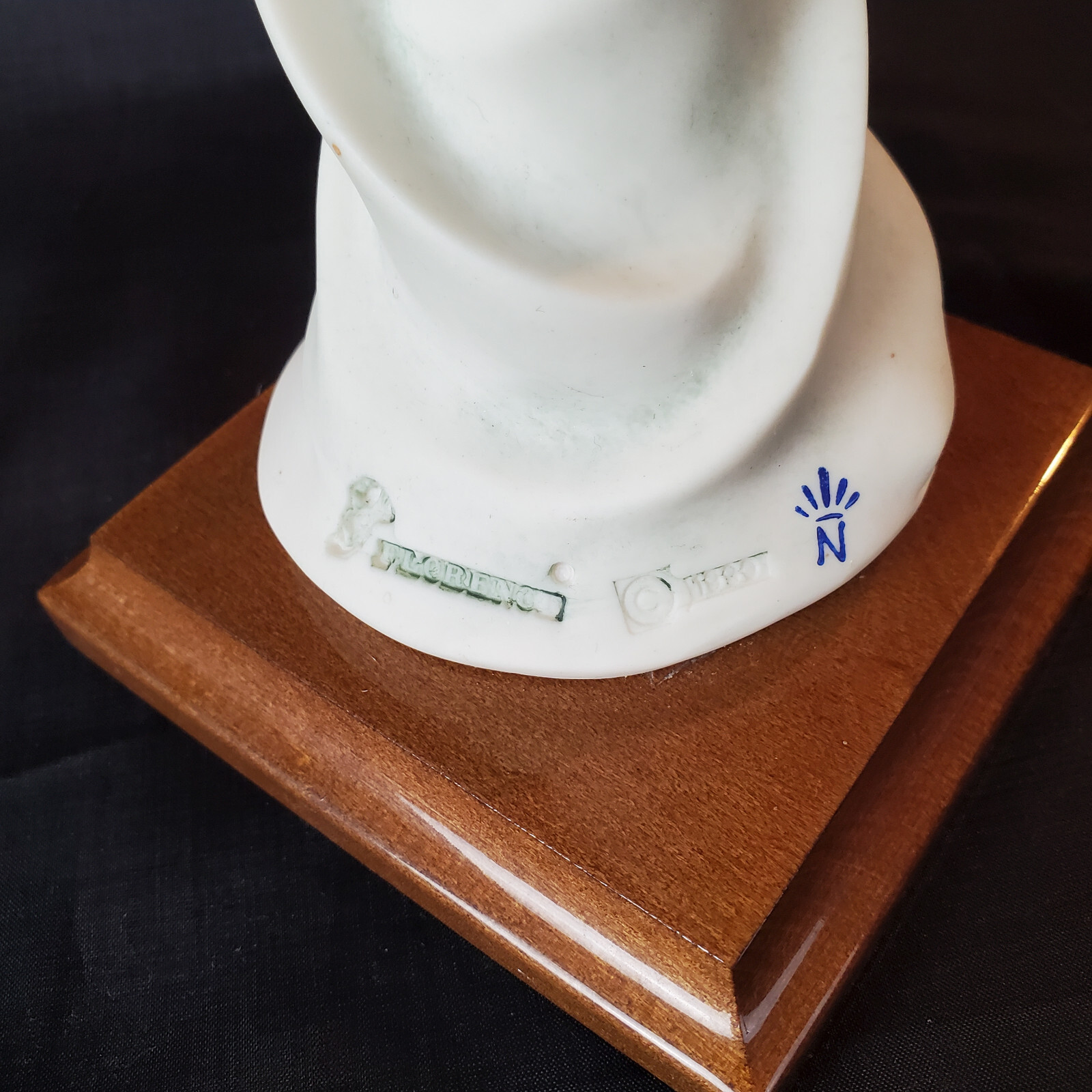G. Armani Lady Figurine w/Bonnet & Bouquet- on Square Wood Base 13 1/8″H