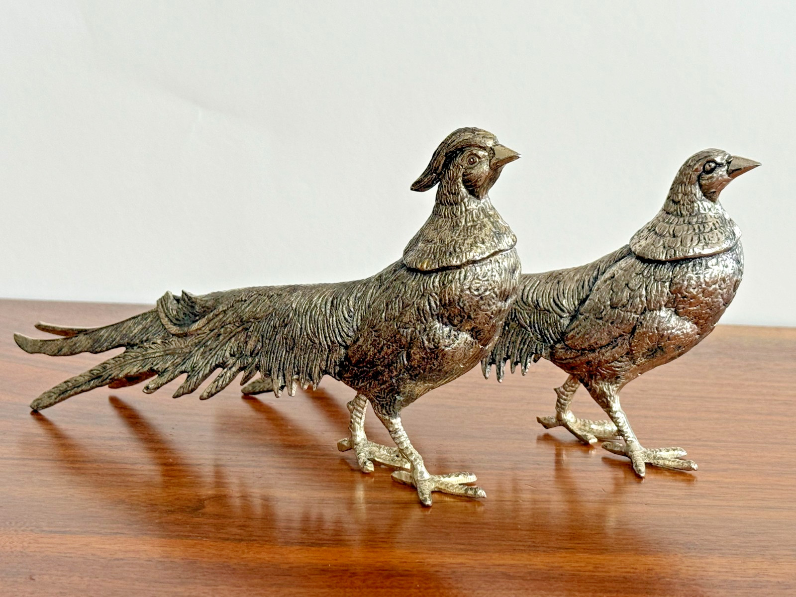 Vintage Cast Metal Pheasant Figurines Pair Silver Tone Mid Century Decor