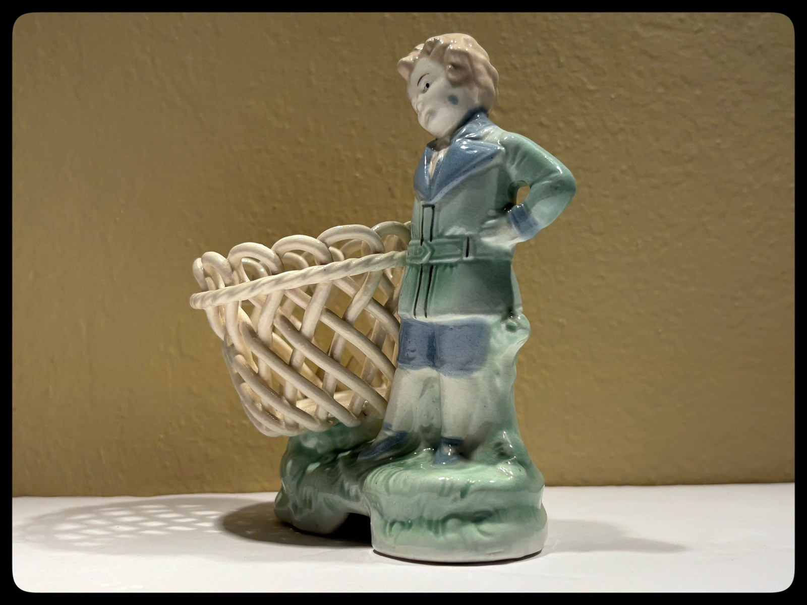 Antique “Boy with a Basket” Ceramic Figurine. Please See Full Description.