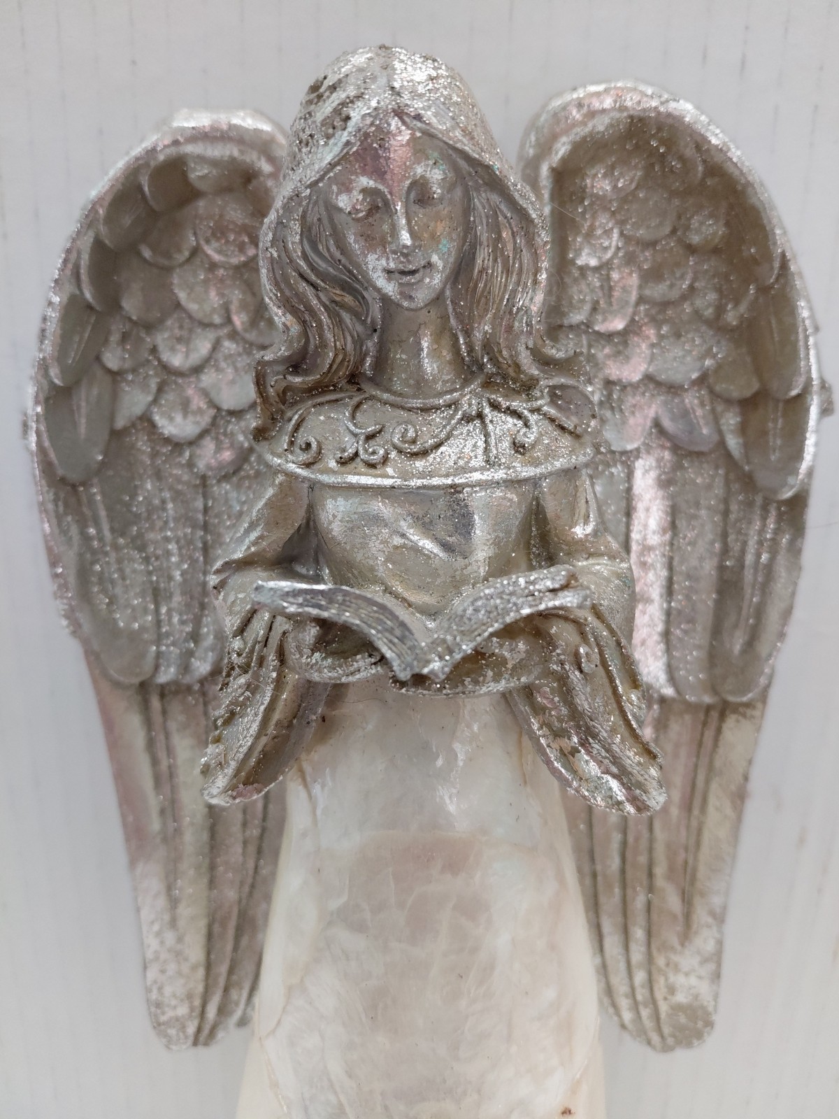 Angel Reading Silver Sparkle Abalone Shell Skirt Metal Wings Vintage Decor 11″