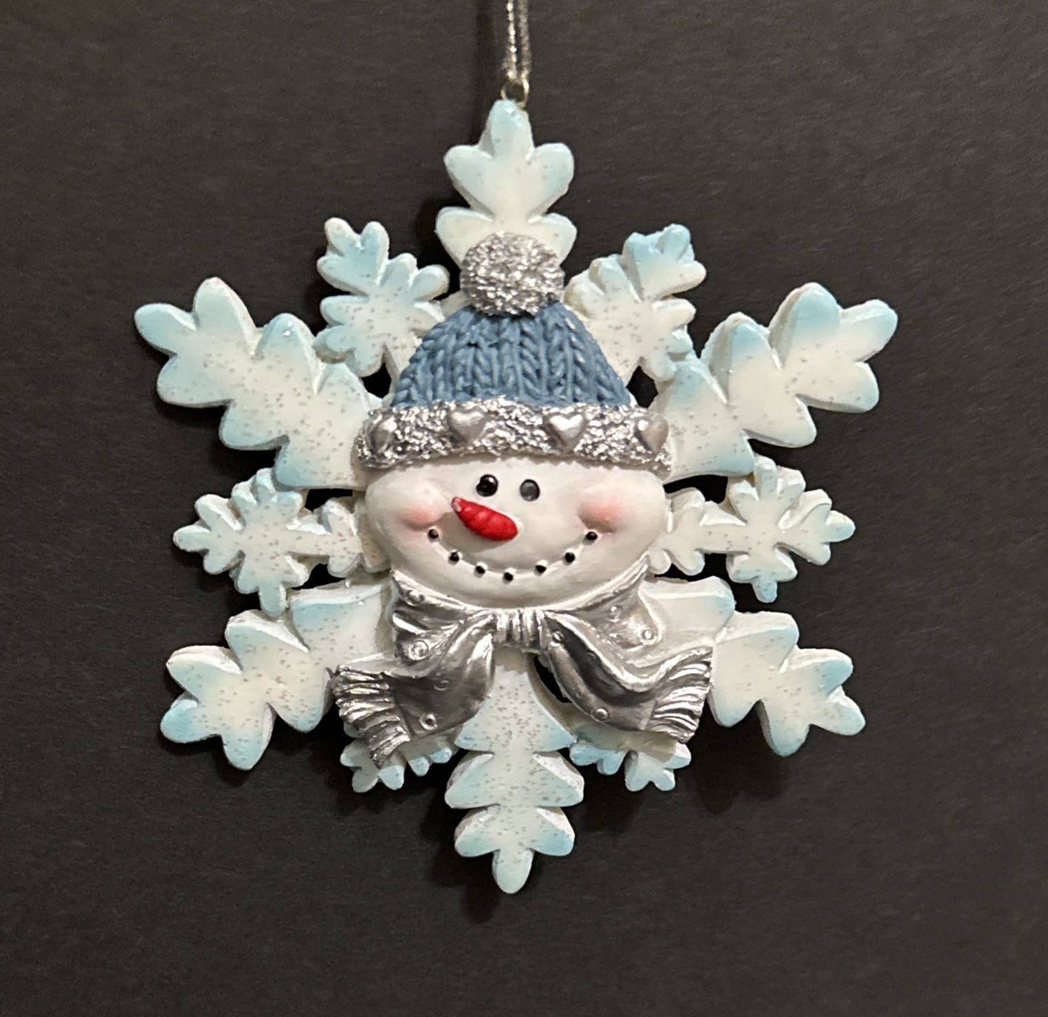 VTG Blue/White 4″ Snowflake Snowman Christmas Ornament w/Blue Knit Cap