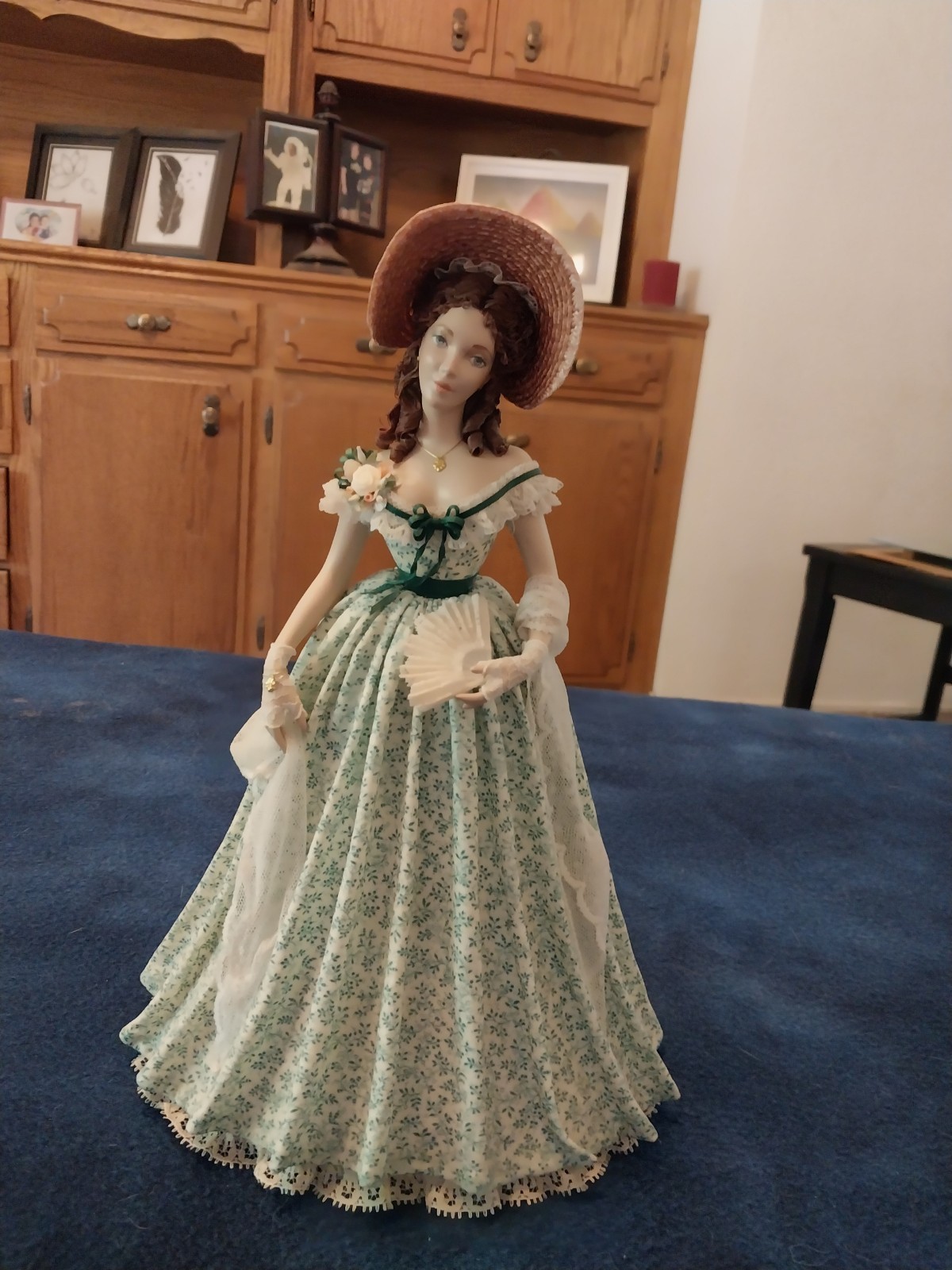 Signed Sylvia Porcelain Figurine Hand Painted Victorian Lady Green Floral Dress