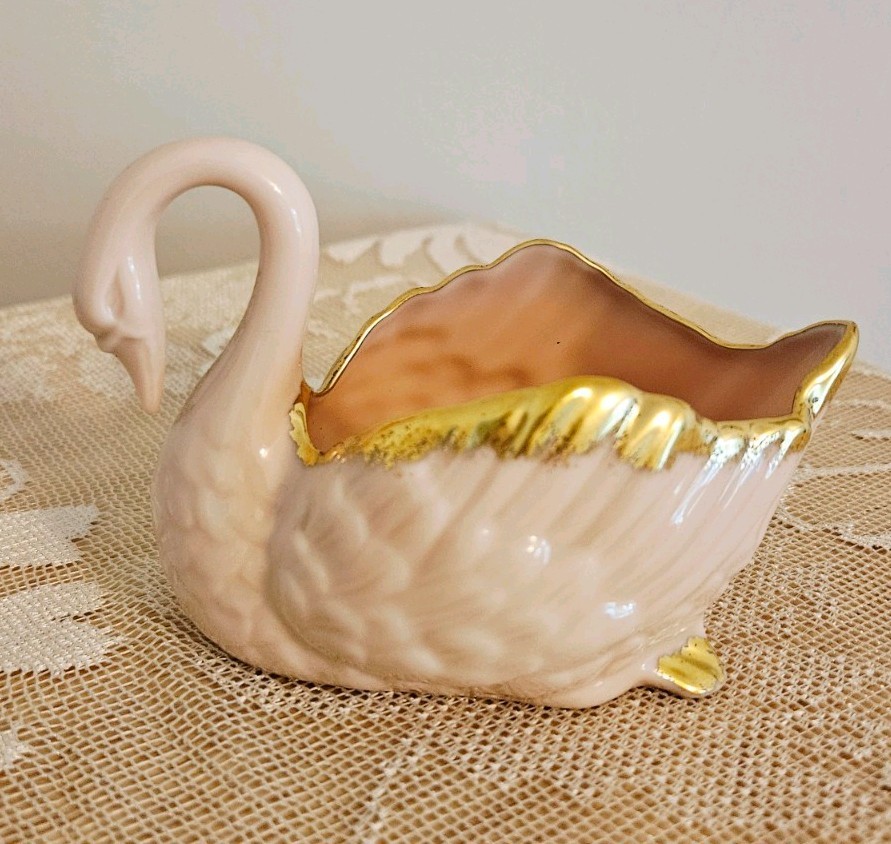 VTG LENOX PINK Swan Trinket Dish Cake Topper Cardholder 24k gold trim Blue Stamp