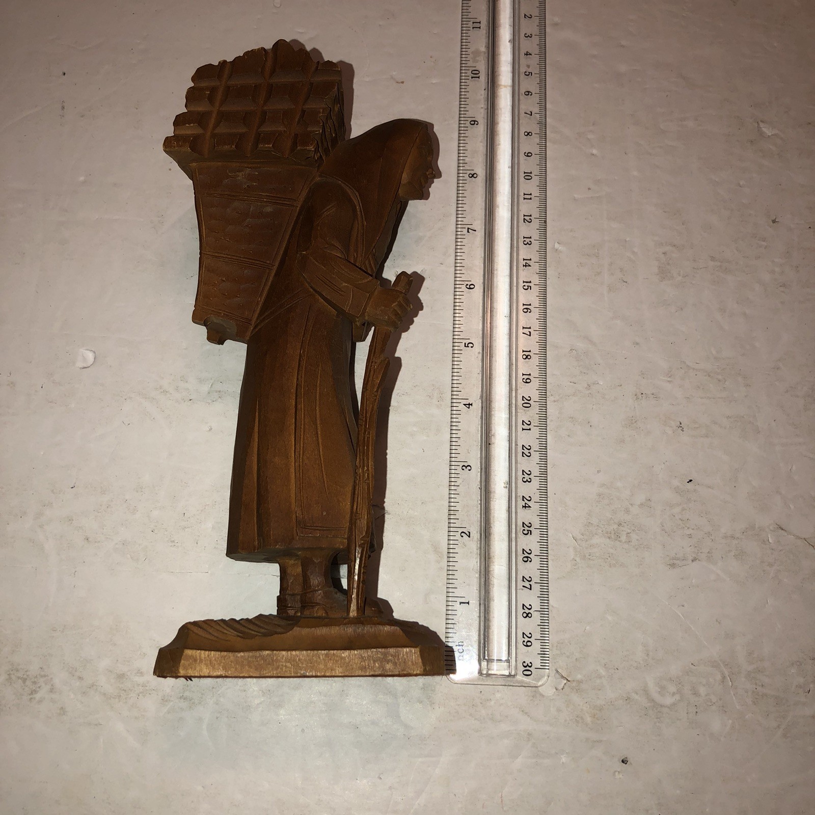 Wood Carved Older Peasant Woman Carrying Firewood Figurine Folk Art Stick Cane