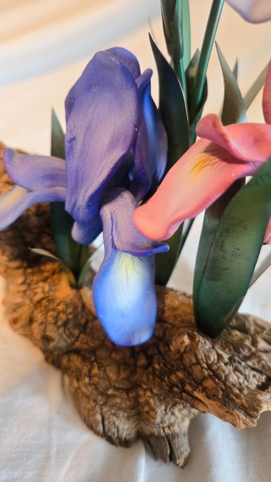 Vintage Porcelain Iris Flower Sculpture Driftwood Base Blue Pink Floral Figurine