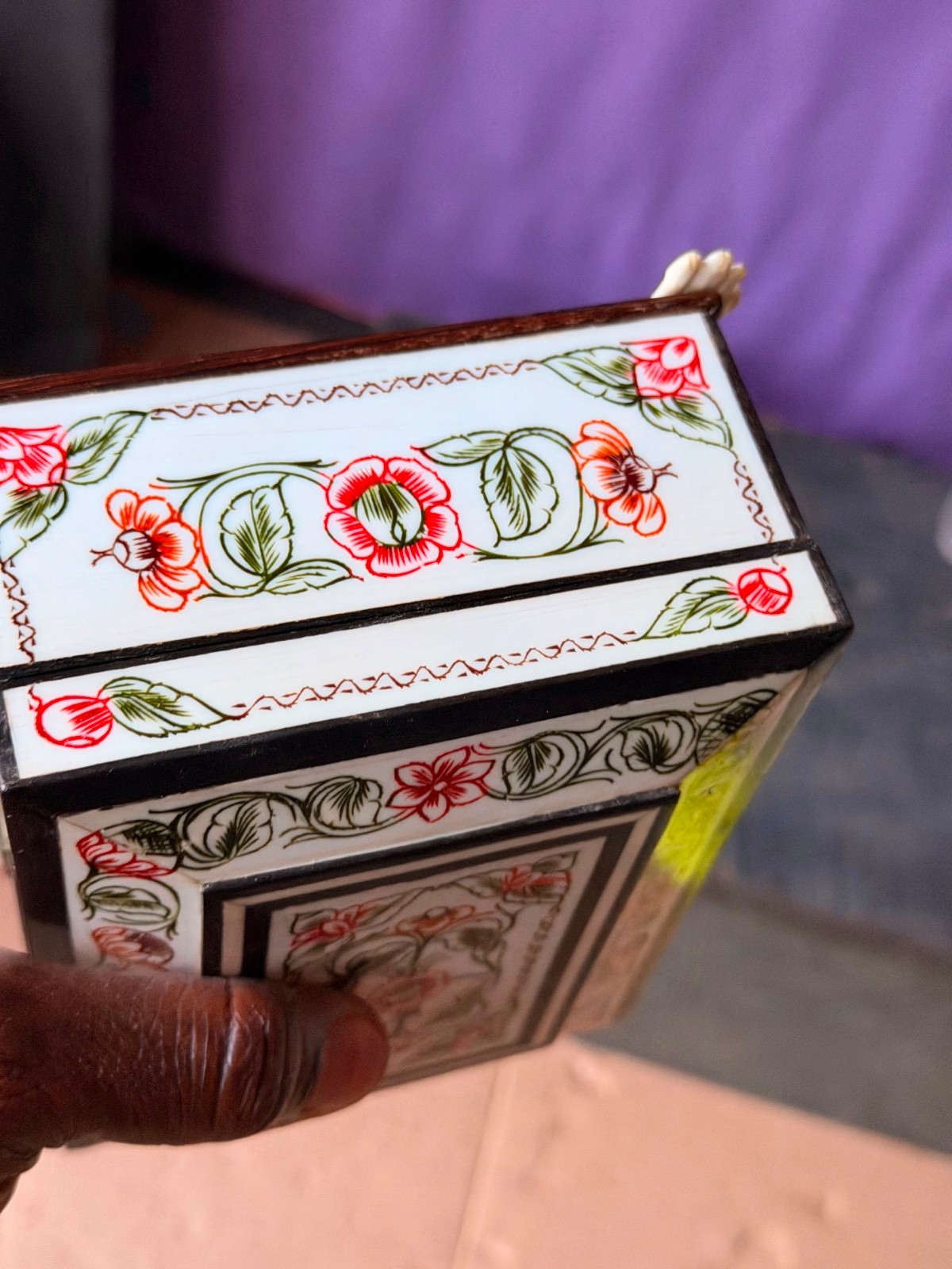 Vintage Hand Painted Indian Jewelry Box with Mirror Ornate Floral Keepsake