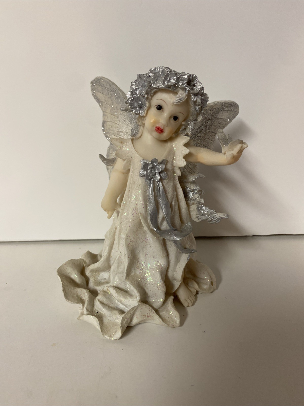 Vintage Fairy Angel Figurine Silver White Glitter Wings 5”