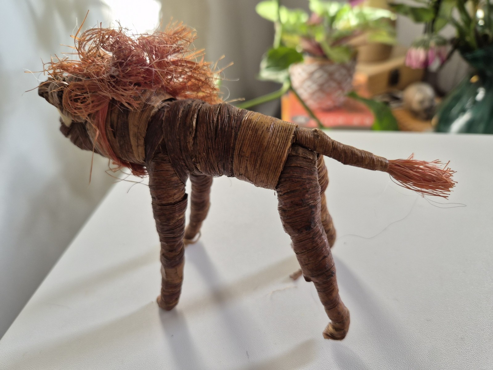 Handmade Plant Fiber Lion Figurine, Natural Finish Brown/Orange Animal Decor