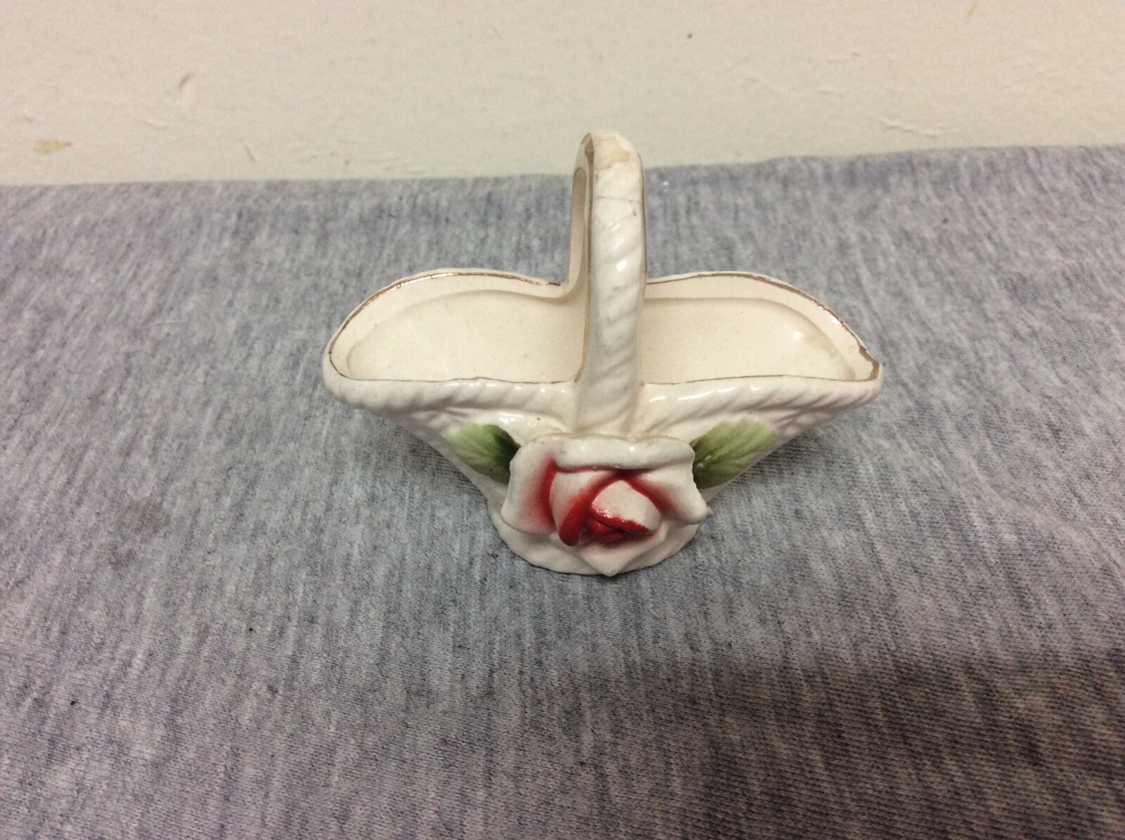 Vintage Small Porcelain Woven Basket w/Rose Figurine Japan