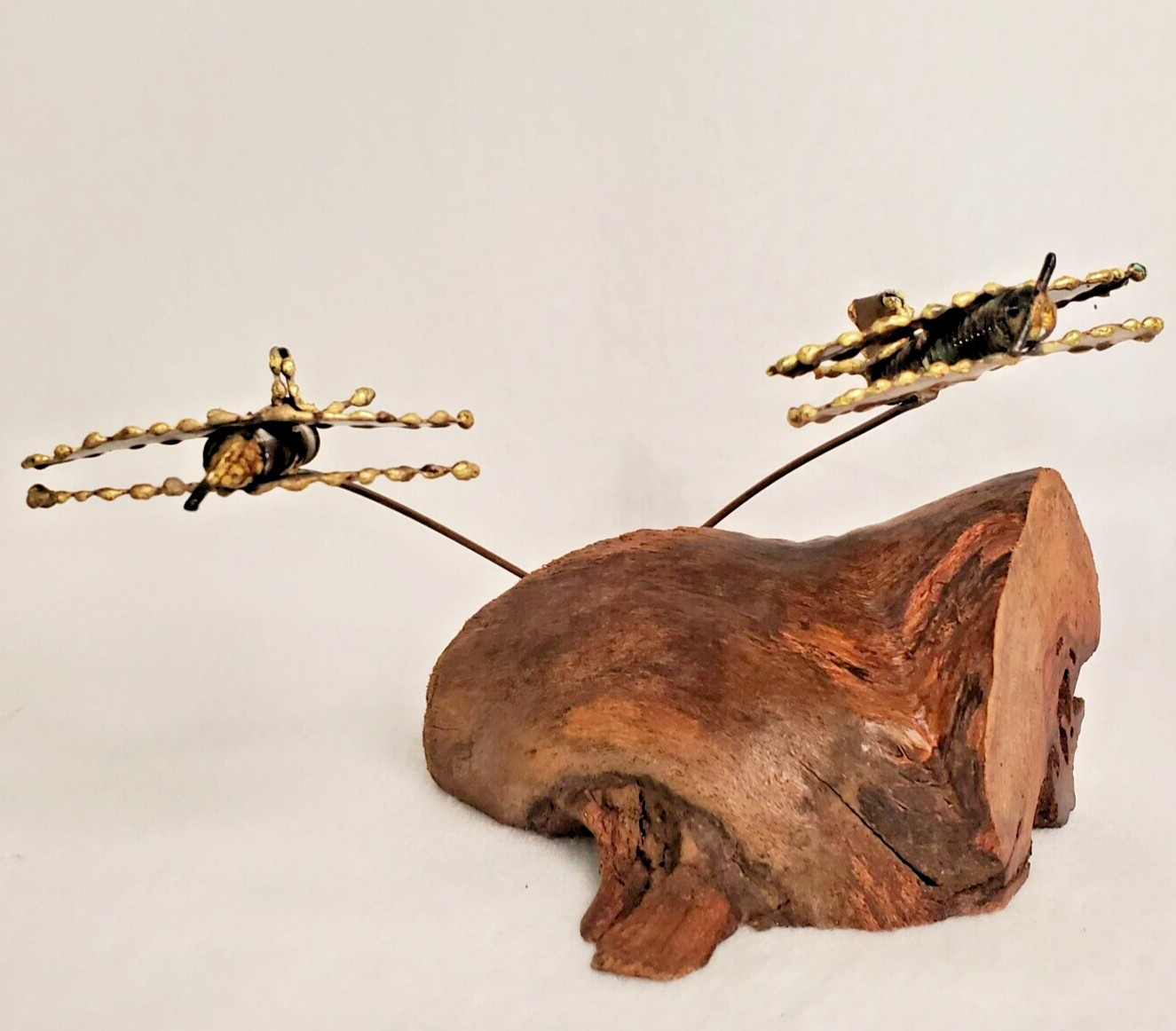 Vintage Wood and Metal Sculpture Planes in Flight on Driftwood Base