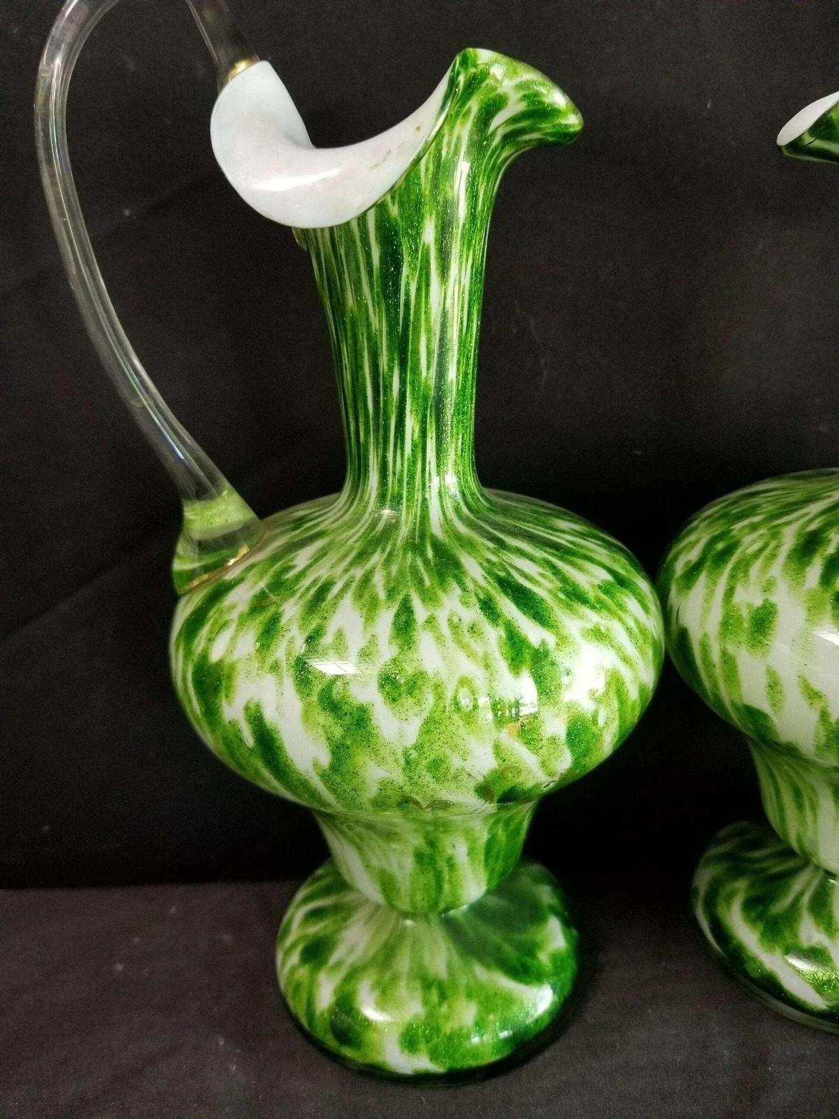 Green Spangle Glass Ewers Green white Mica Flecks c.1890 9″