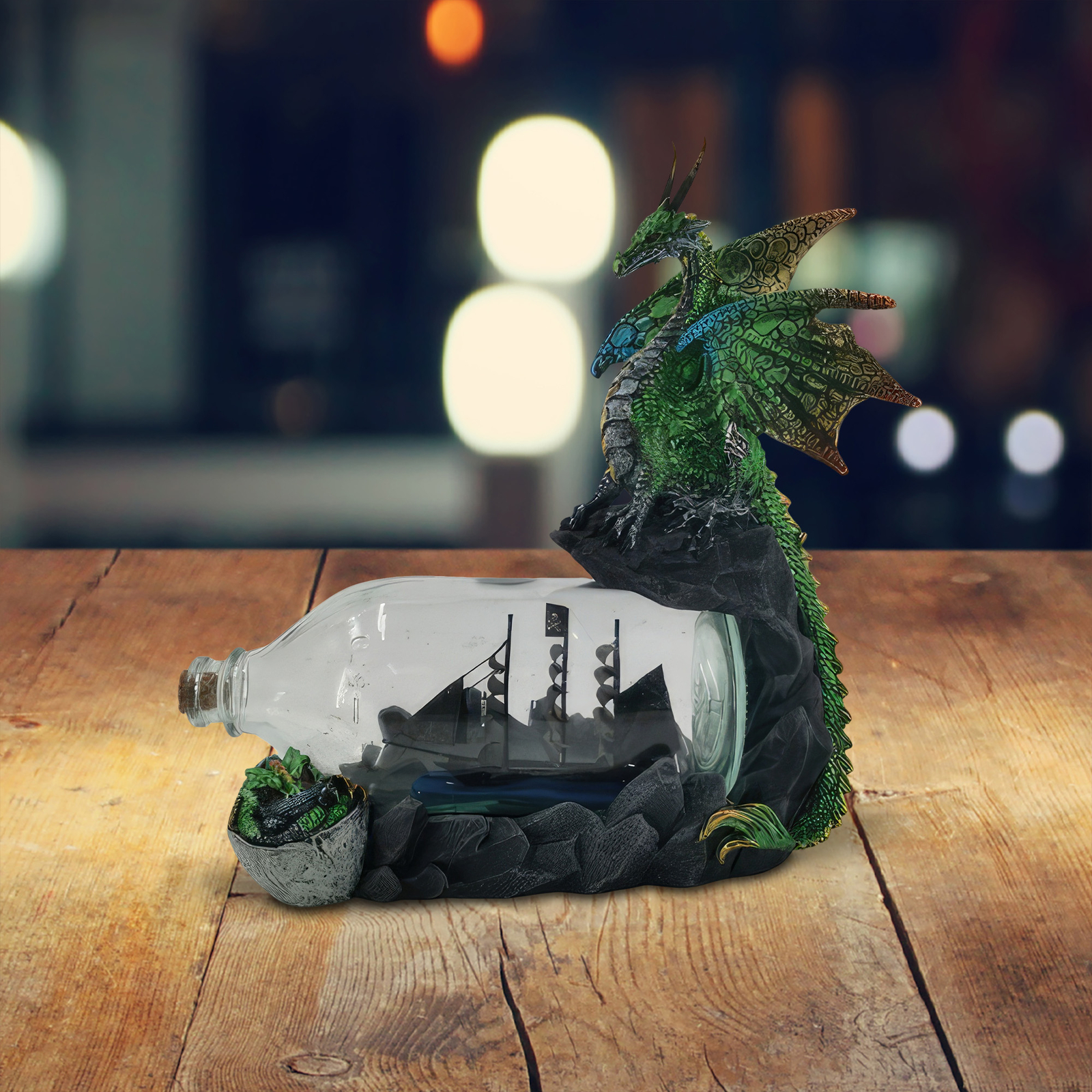 8.75″W Green Dragon Guarding a Ship in Bottle Figurine