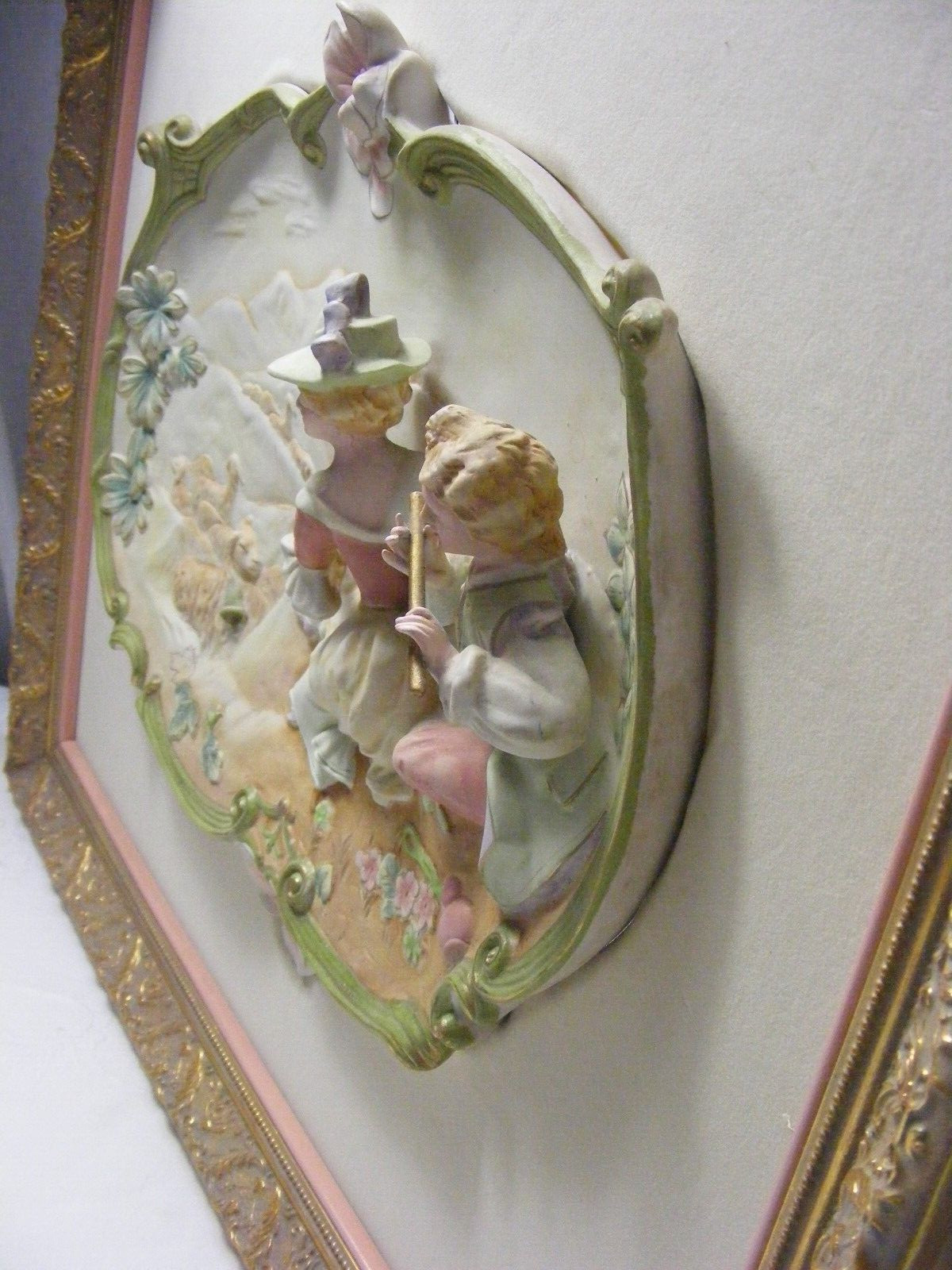 Vintage Porcelain Victorian Couple Wall Art Landscape Scene Playing Sheep Framed