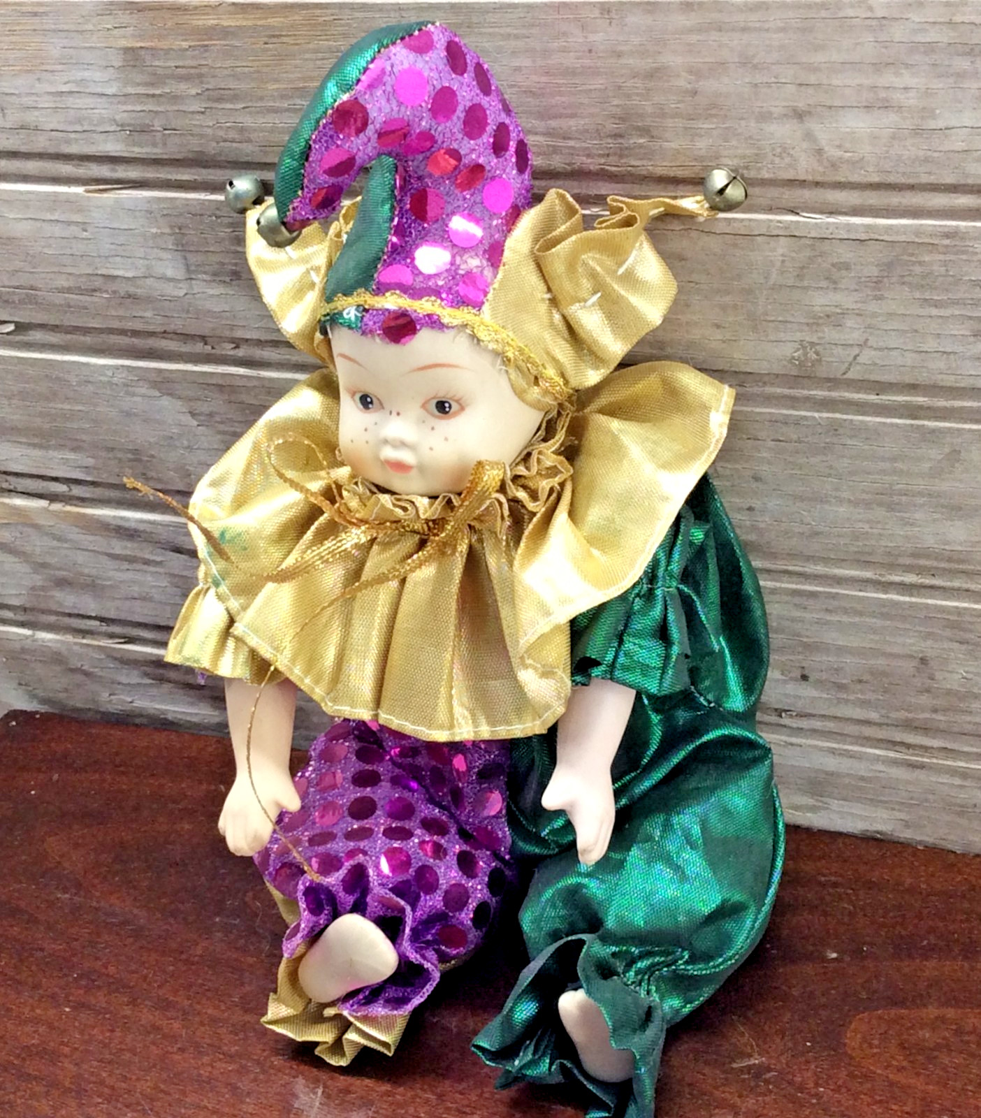 Mardi Gras Jester Clown Doll Figurine Porcelain Head Arms Legs Soft Body 10″