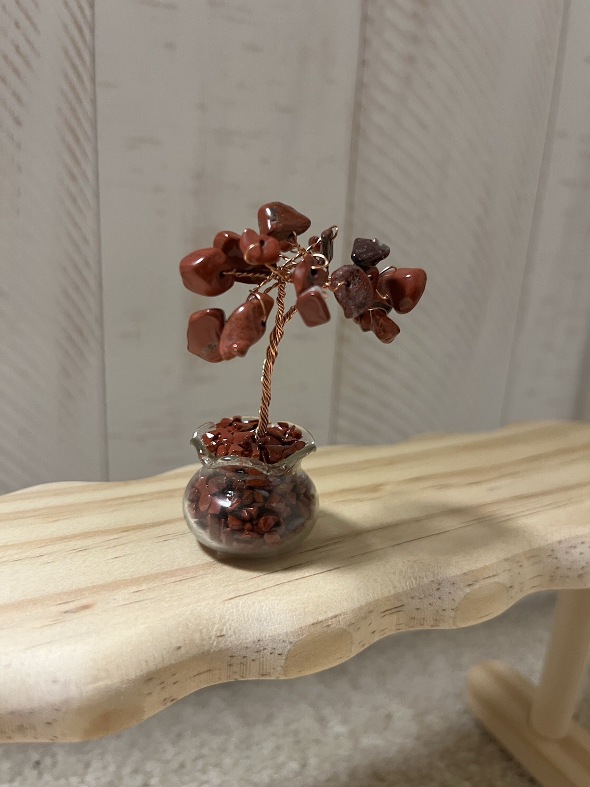 Small Red Gemstone Tree Figurine, Wire & Stone in Clear Glass Pot,