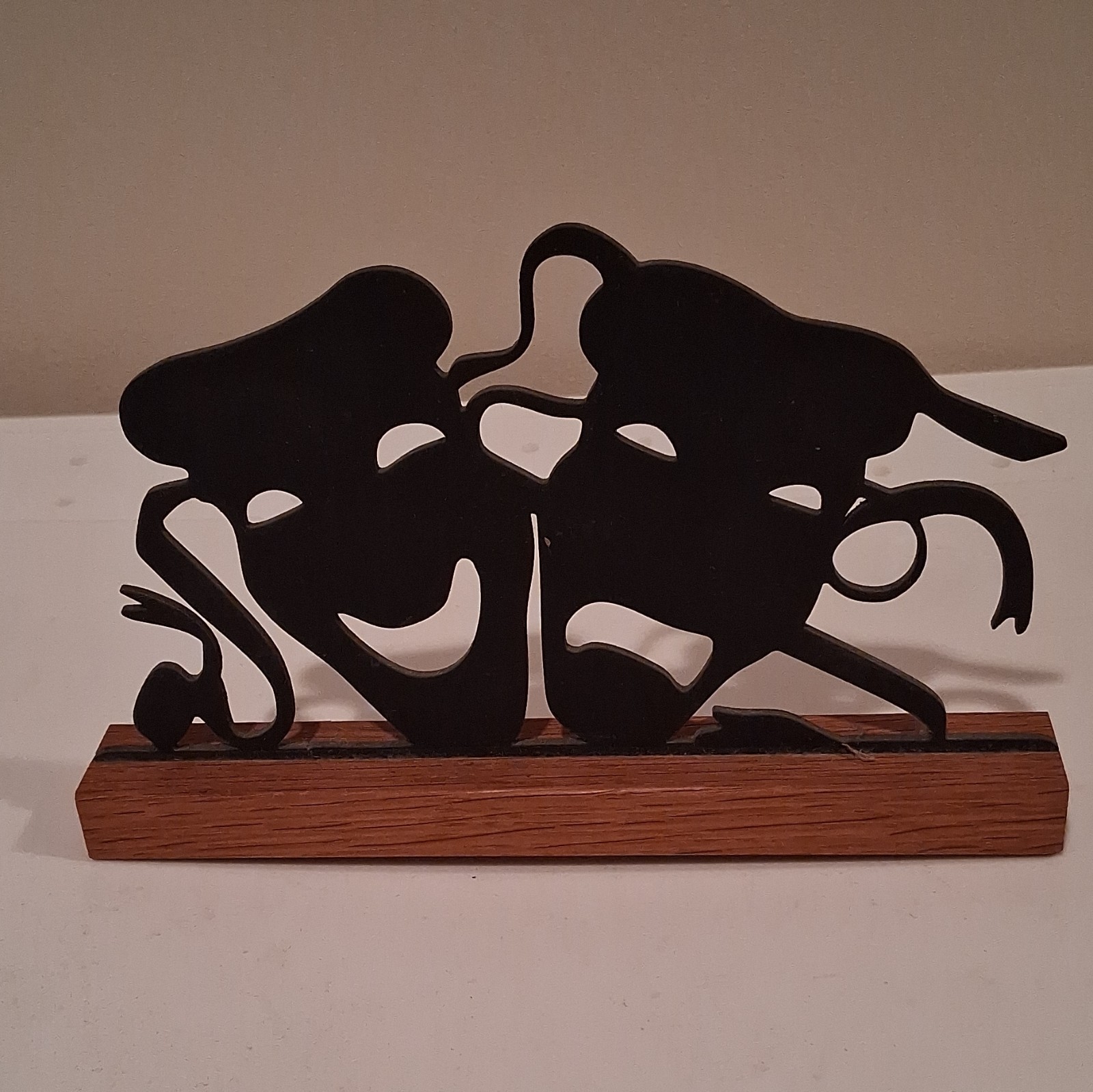 Matte Black Wood Comedy & Tragedy Masks Figurine on Wooden Base Modern Art
